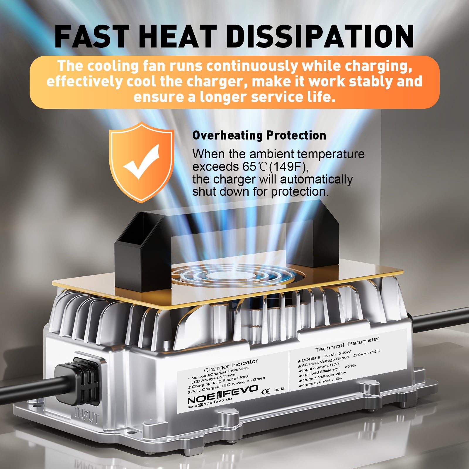 Noeifevo 29,2 V 30 A LiFePO4 Caricabatterie  per batteria al litio 24 V 25,6 V, impermeabile, attivazione BMS 0 V, spegnimento automatico
