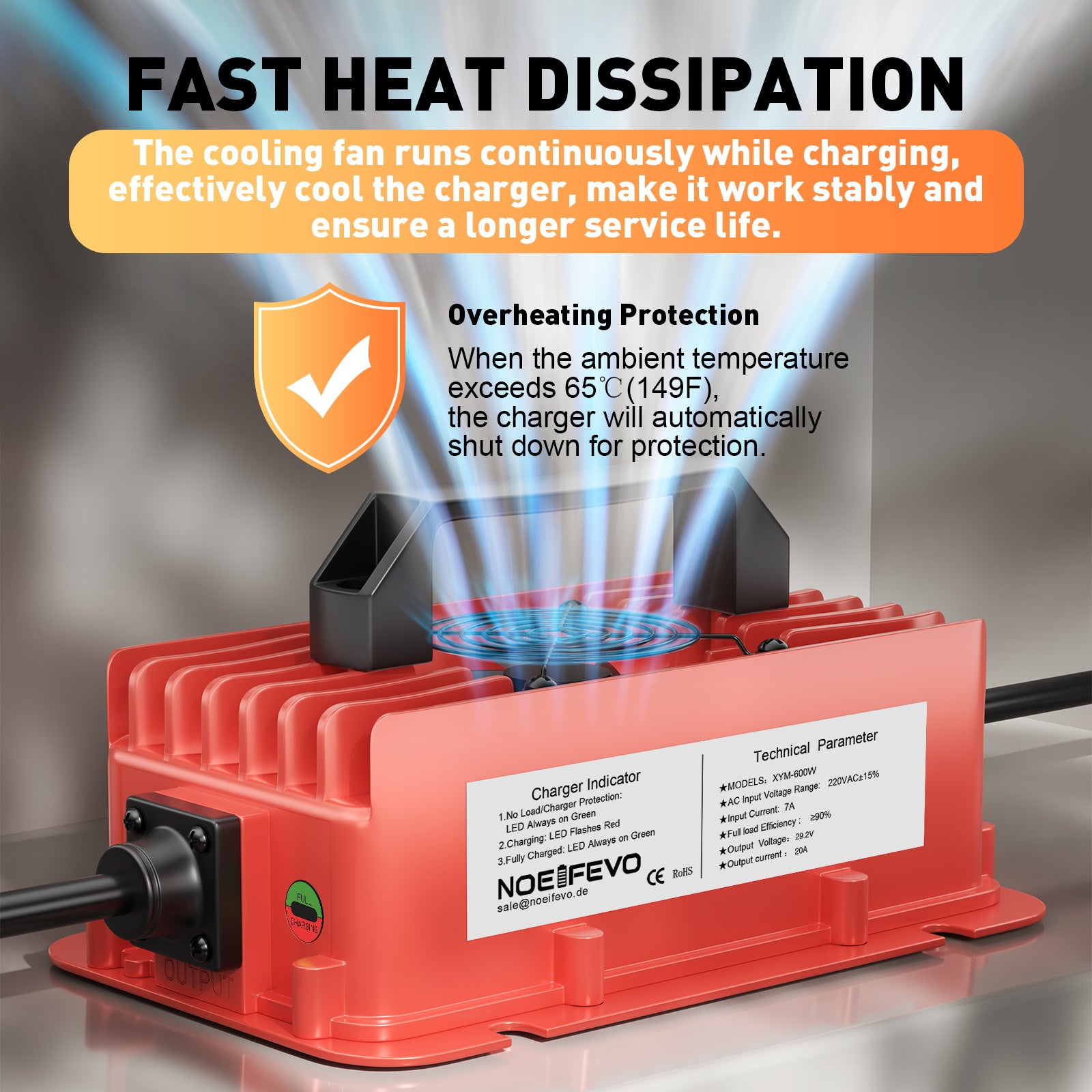 NOEIFEVO 29.2V 20A waterdichte LiFePO4-batterijlader voor 25.6V (24V) 8S lithiumbatterij, 0V BMS-activering, met volledige bescherming
​