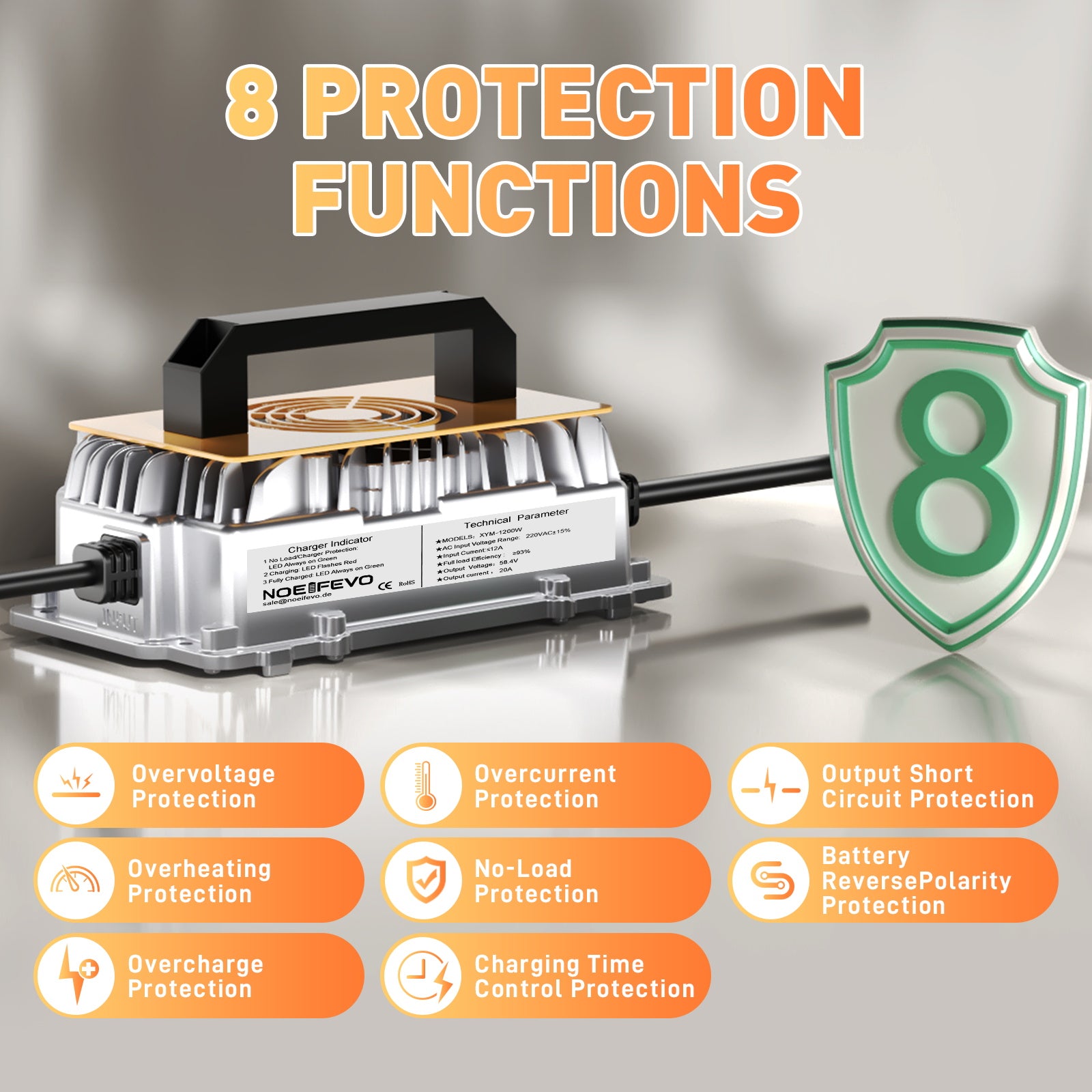 NOEIFEVO 58,4 V 20A Lifepo4 litio al batterie per Caricabatterie   per batteria 48 V (51,2 V) 16 S, impermeabile, attivazione BMS 0 V, spegnimento automatico con protezione completa