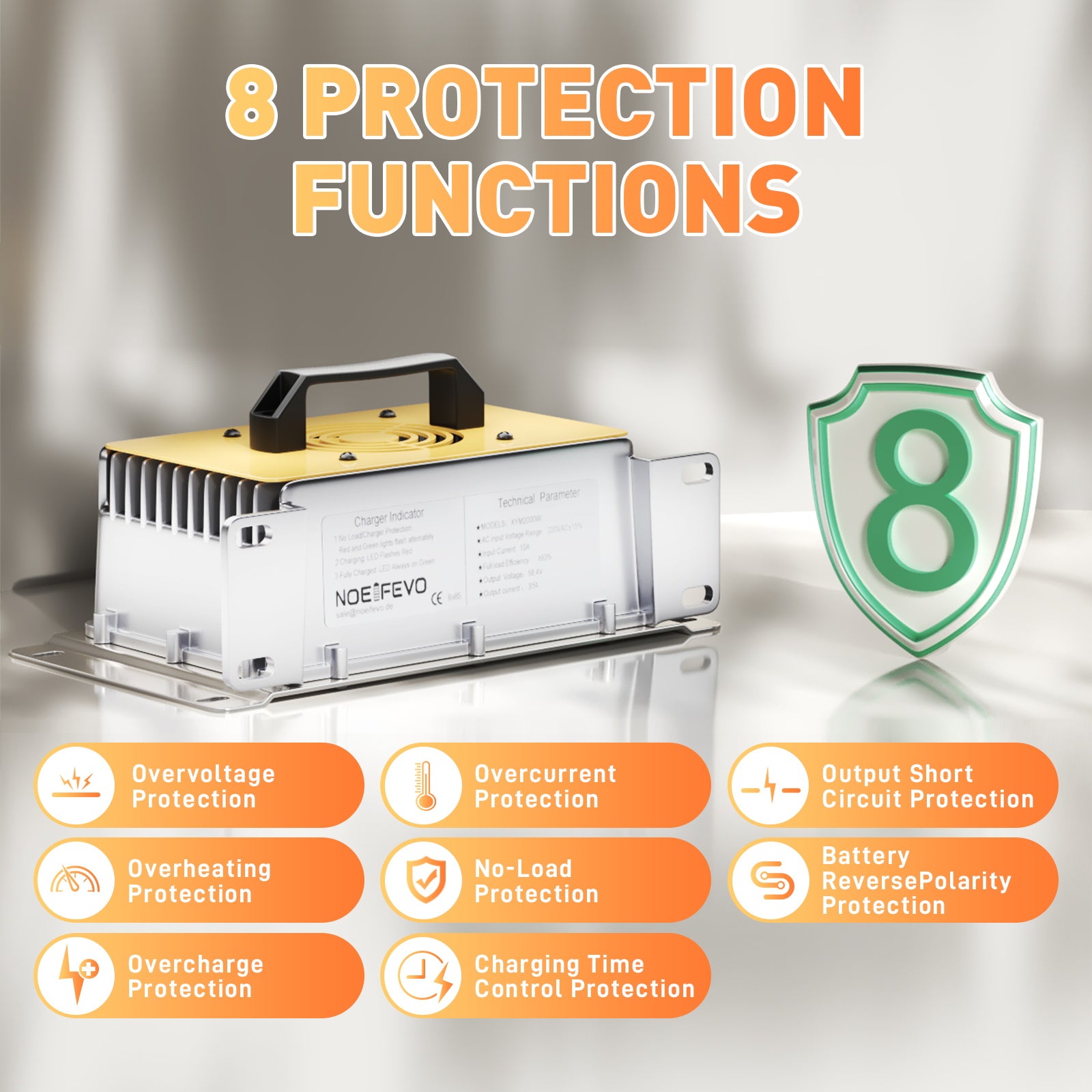 NOEIFEVO 51,2V 48V 16S Lithium LiFePO4 acculader, 58,4V 35A lader voor zonne-energiebatterijen, golfwagenaccu's, bootaccu's, waterdicht, 0V BMS-geactiveerd