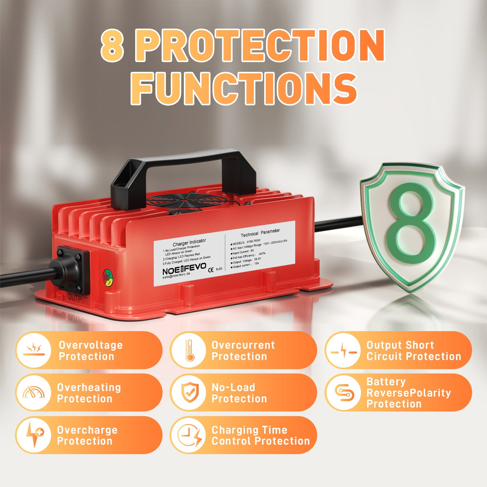 NOEIFEVO 58.4V 15A vandtæt LiFePO4 batterioplader til 51.2V(48V) 16S LiFePO4 batteri