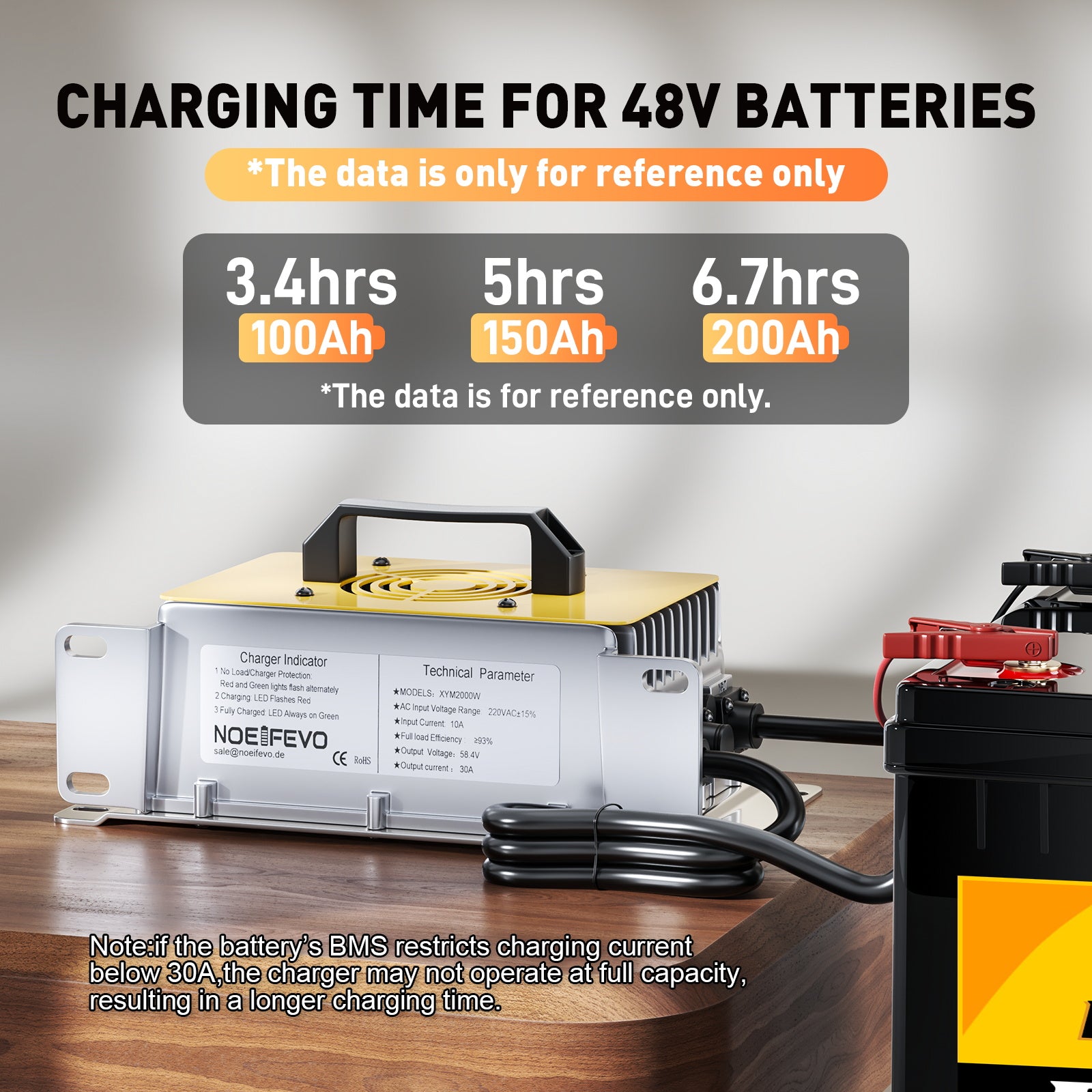 NOEIFEVO 58.4V 30A LiFePO4 Caricabatteria per 51.2V (48V) 16S LiFePO4 batteria, impermeabile, 0V BMS abilitato