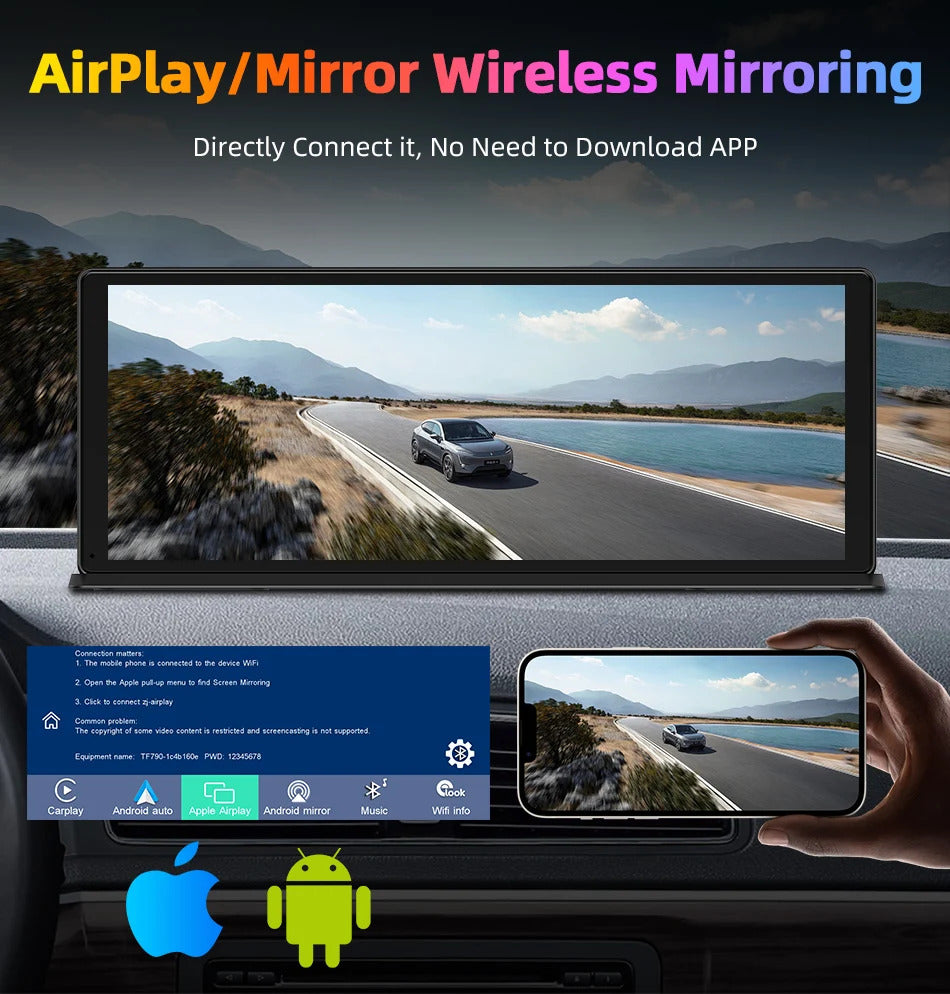 NOEIFEVO 11,3-calowy zaktualizowany ekran Wireless Carplay do samochodów z kamerą 4K i kamerą parkingową 1080p, obsługujący Apple Carplay i Android Auto, radio samochodowe, nawigacja GPS, Mirror Link, sterowanie głosowe, FM, Bluetooth.