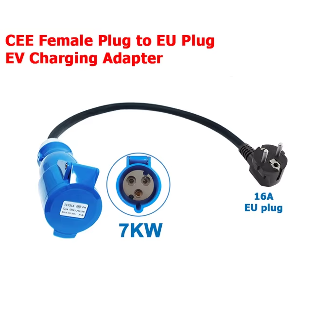 Adattatore di ricarica EV, da presa industriale CEE 32A blu a spina Schuko per uso domestico, per caricabatterie EV da 7kW 32A