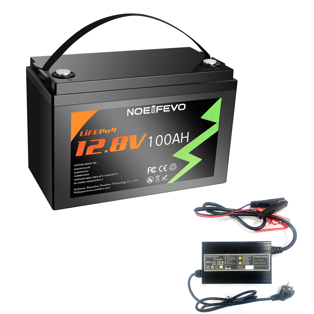 סוללת ליתיום NOEIFEVO 12.8V 100Ah LiFePO4, סוללת ליתיום 1280Wh עם BMS 100A, 4000+ מחזורי טעינה, עם מטען 14.6V 20A, מושלם כמקור כוח לקרוואנים, סירה.