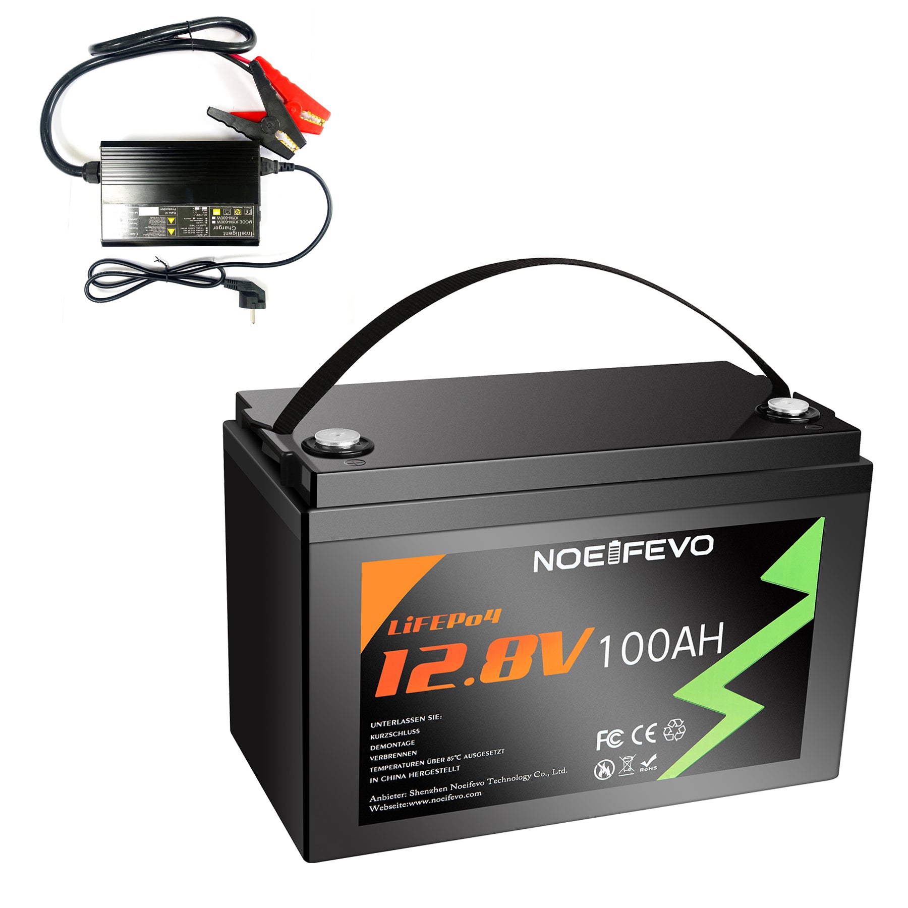 NOEIFEVO 12.8V 100Ah LiFePO4 de lítio Bateria, totalmente carregada em 2 horas com carregador 14.6V 50A, 4000+ ciclos de carga, perfeita como fonte de energia para autocaravana, barco.