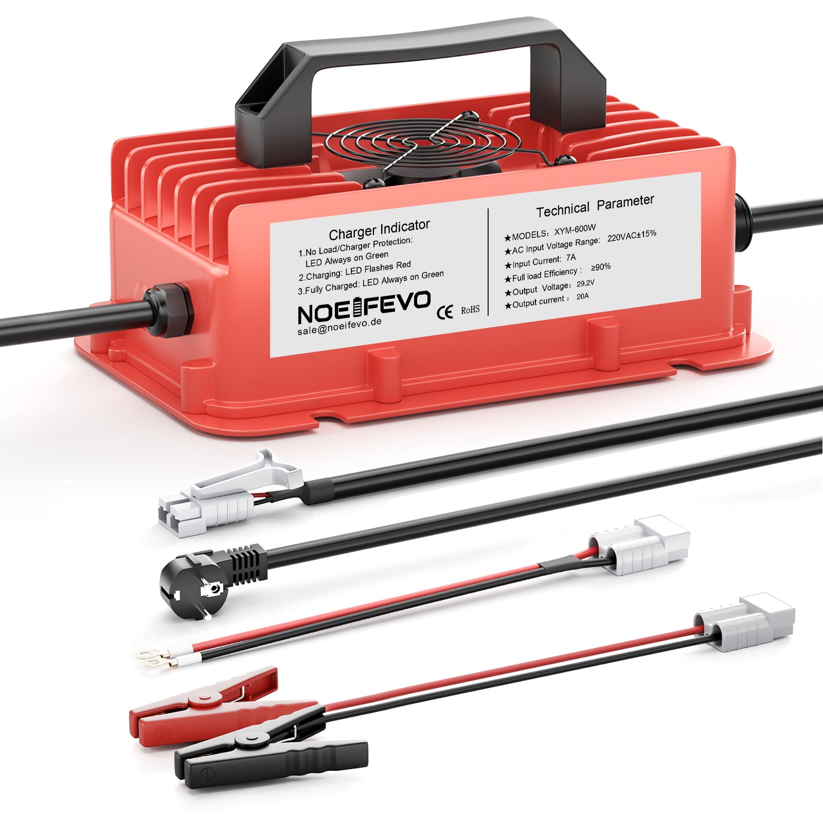 NOEIFEVO 29.2V 20A waterdichte LiFePO4-batterijlader voor 25.6V (24V) 8S lithiumbatterij, 0V BMS-activering, met volledige bescherming
​