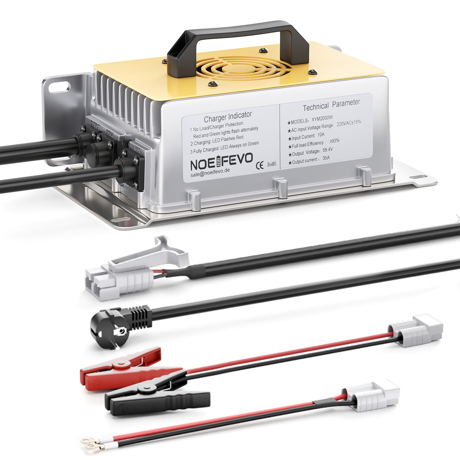 NOEIFEVO 58.4V 30A LiFePO4 batterioplader til 51.2V(48V) 16S LiFePO4 batteri, vandtæt, 0V BMS aktiveret