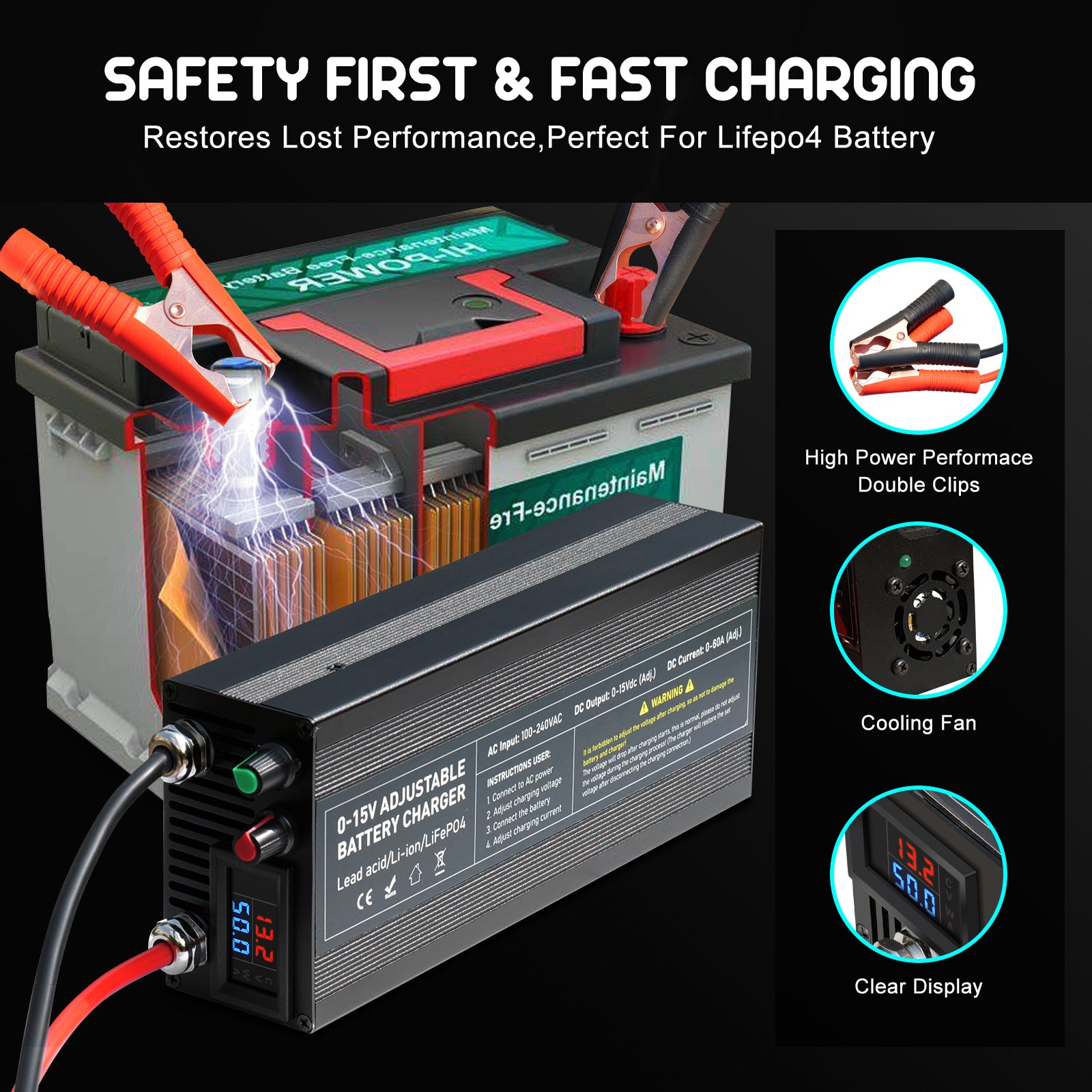 NOEIFEVO Instelbaar spannings- en stroombereik 0-15V 1-60A /85A batterijlader, compatibel met 3,7V 6V 12V lithium-, LiFePO4- en loodzuuraccu's