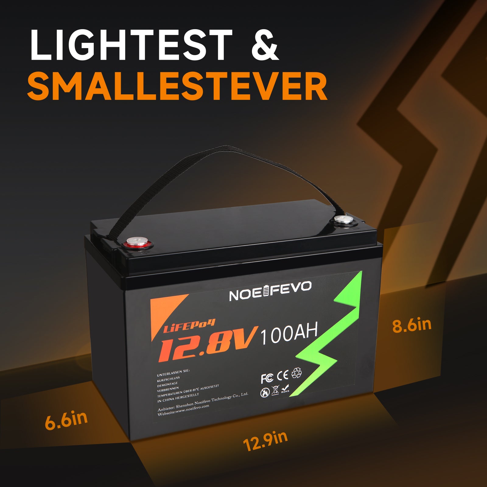 NOEIFEVO 12.8V 100Ah LiFePO4 Lithium Battery, bateria litowa 1280Wh z BMS 100A, 4000+ cykli ładowania, z ładowarką 14.6V 20A, idealna jako źródło zasilania do kampera, łodzi.