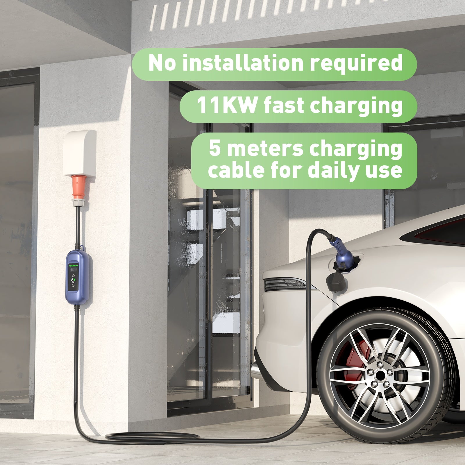 Noeifevo 11KW Mobil EV Wallbox, batteriladdare för alla fordon av typ 2, 5M/10M/15M, CEE16A