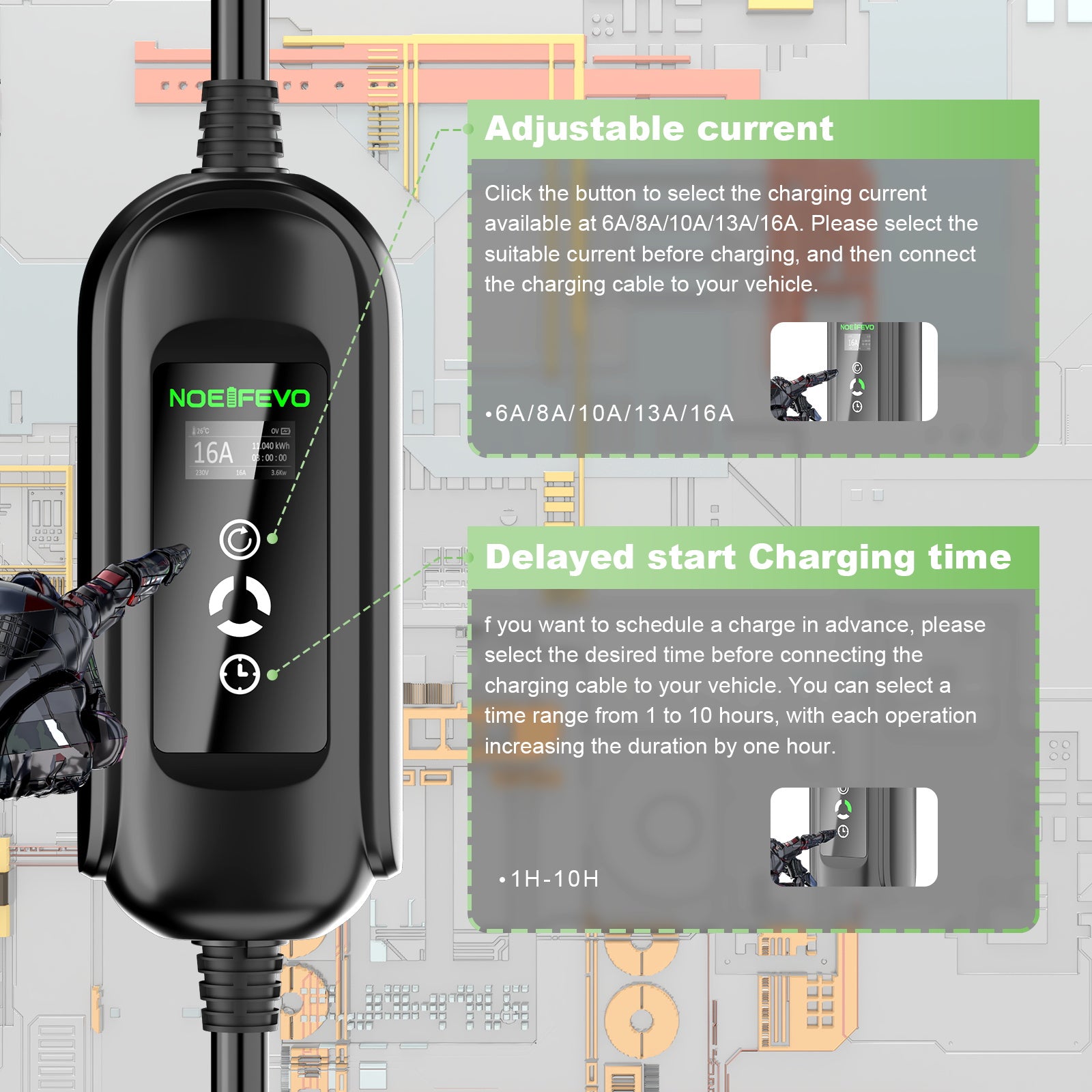 10Meters 11KW Typ 2 16A 3 Fas Mobile EV Laddningsstation EV Wallbox, CEE 16A Plug, Schuko Plug för på vägen