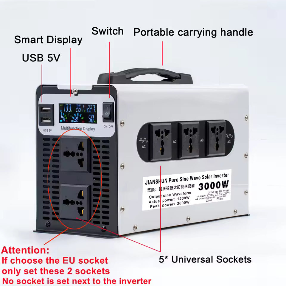 Inversor de onda senoidal pura 1500W/3000W DC 12V 24V 48V 60V 72V para AC 220V 50Hz, conversor para bateria solar e automotiva, com display LED