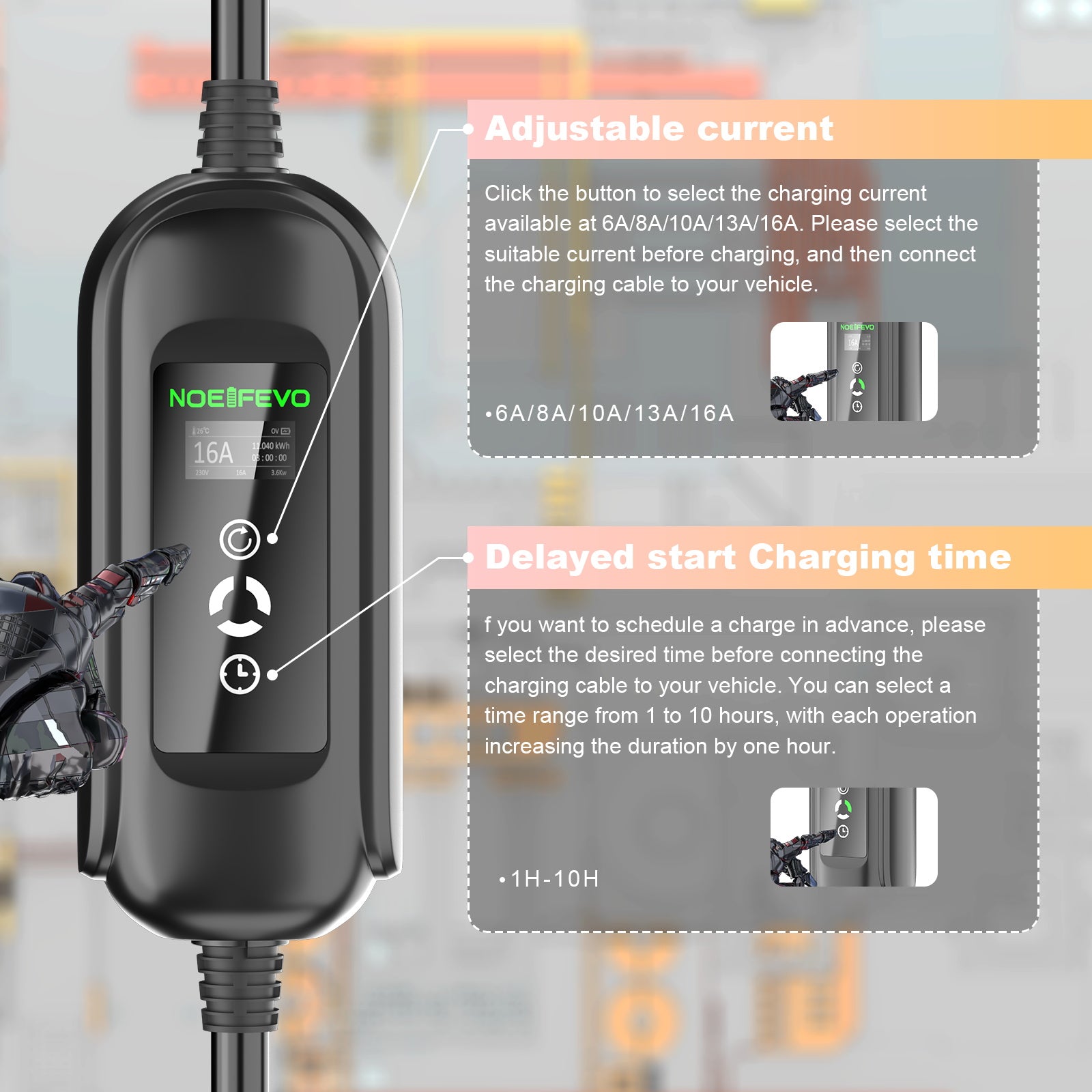 Noeifevo 11KW bilbatterioplader, Type2 til CEE16A EV-oplader med husholdningsadapter, 5m/10/15m