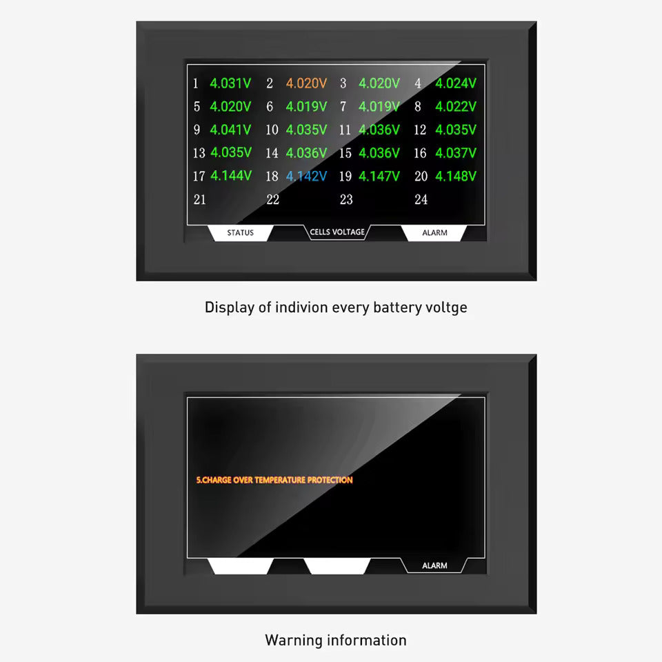 Displej baterie 4,3palcový LCD TFT obrazovka – Zobrazení napětí, proudu, stavu nabití (SOC) a teploty, dotyková obrazovka – Pro Jikong BMS (88,5 × 135,9 mm)