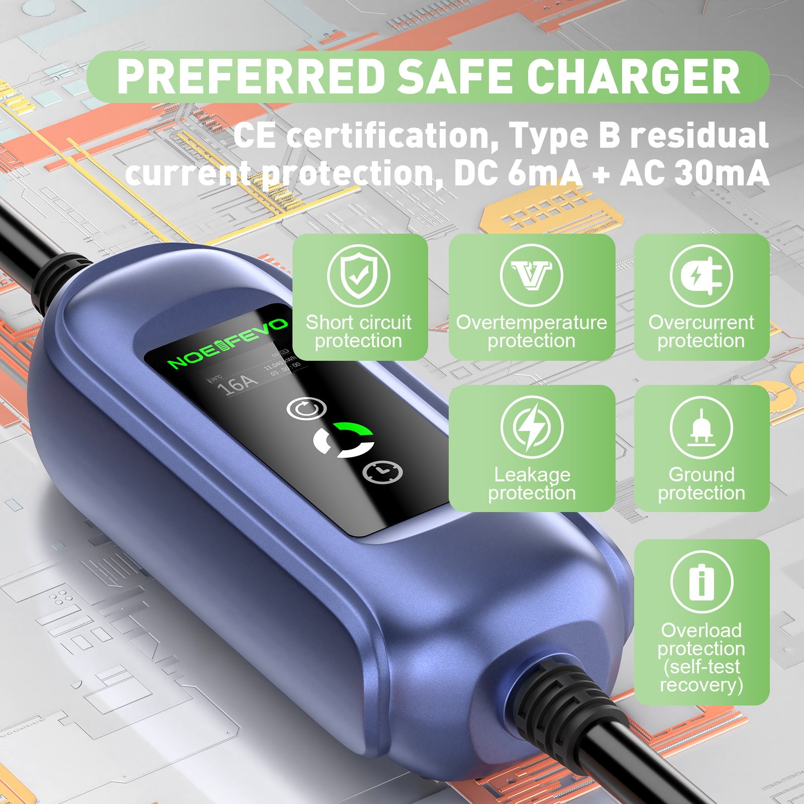 Noeifevo 11KW Mobiele EV-Wanddoos, auto acculader voor alle type 2 voertuigen, 5M/10M/15M, CEE16A