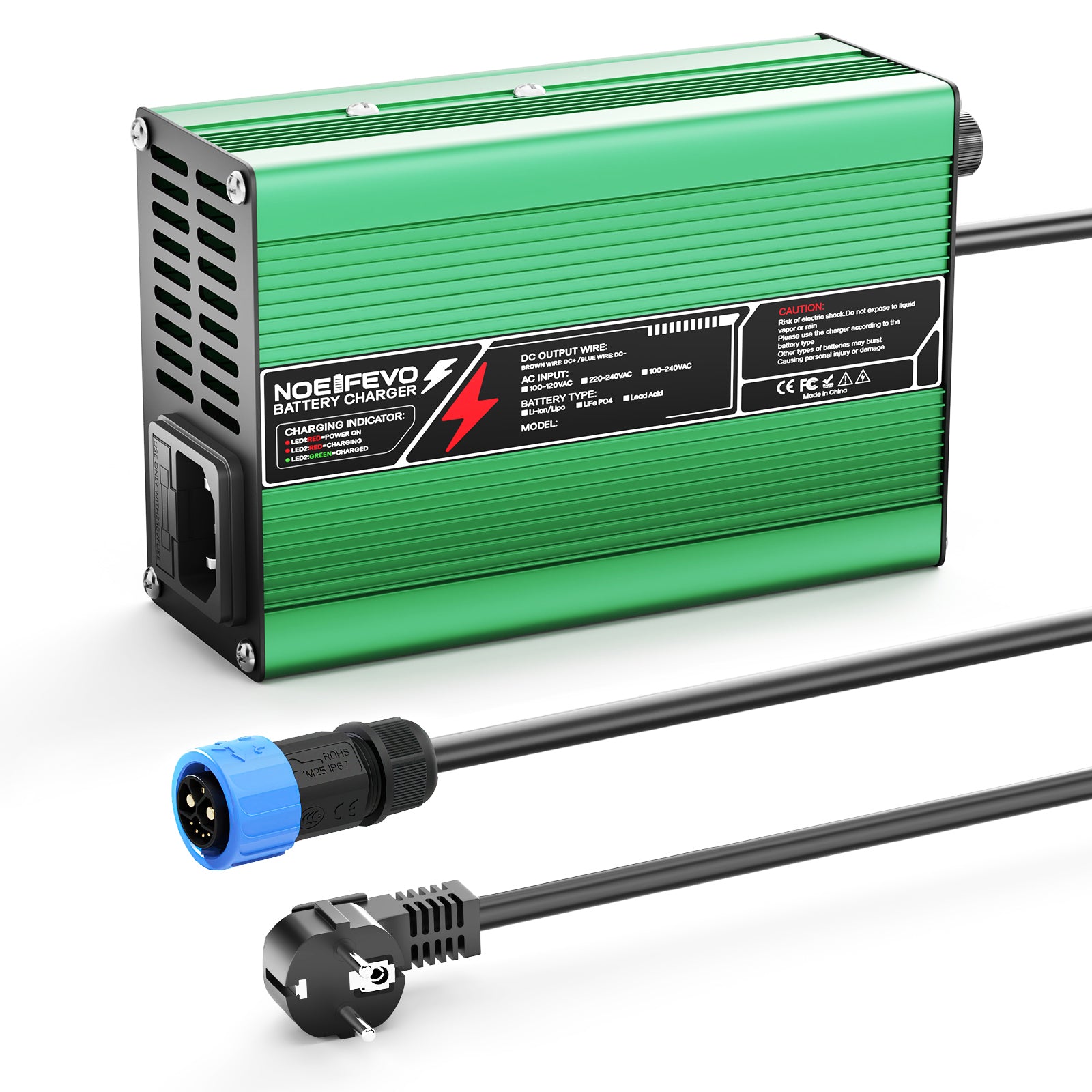 NOEIFEVO 29.4V 2A 3A 4A 5A Lithium-Lader voor 7S 25.9V Li-Ion Lipo-batterijen, Koelventilator, Automatische uitschakeling (GROEN)