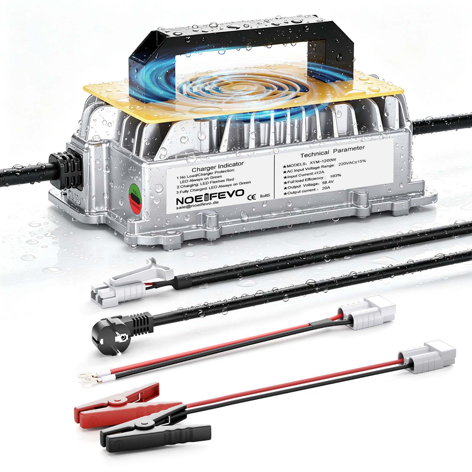 NOEIFEVO 58.4V 20A Lithium Lifepo4 batterioplader til 48V (51.2V)16S batteri, vandtæt, 0 V BMS aktivering, automatisk nedlukning med fuld beskyttelse