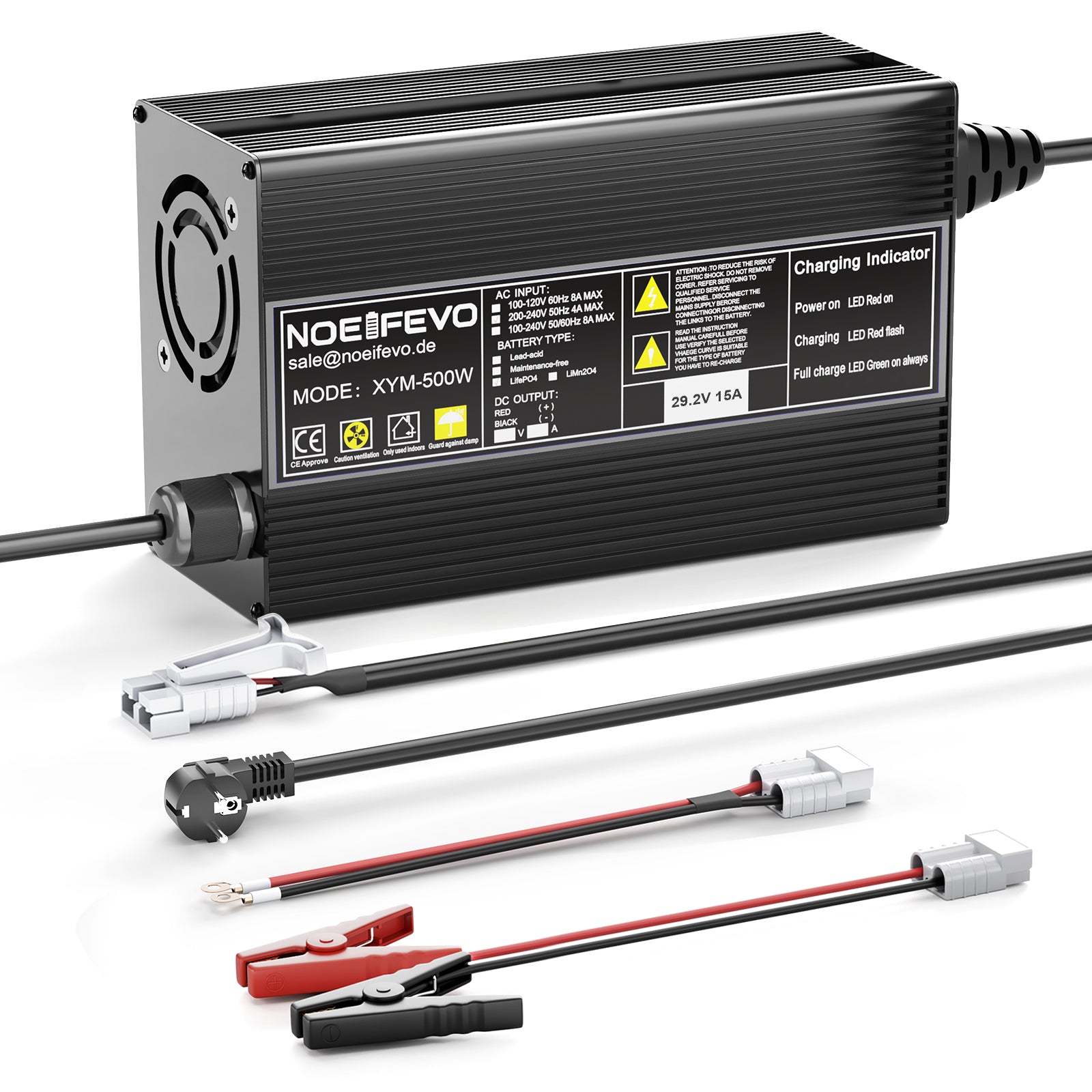 Noeifevo 29,2 V 20 A LiFePO4 Caricabatterie per batteria al litio 24 V 25,6 V, attivazione BMS 0 V, spegnimento automatico con protezione completa