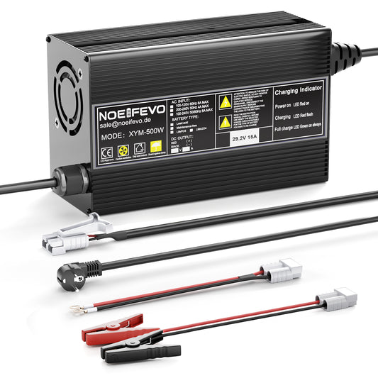 Noeifevo 29,2V 20A LiFePO4 batterioplader til 24V 25,6V lithiumbatteri, 0V BMS aktivering, automatisk nedlukning med fuld beskyttelse
