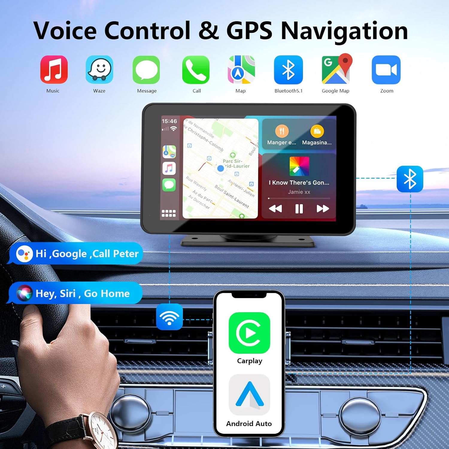 Draadloze CarPlay voor voertuigen, 7" HD Draagbare Auto-Stereo-Touchscreen met Apple CarPlay, Android Auto, Achteruitrijcamera, Auto-Audio-ontvanger met spraakbesturing, Mirror Link, Bluetooth, GPS-navigatie