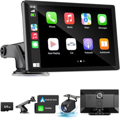 NOEIFEVO Bezprzewodowy ekran Carplay do samochodów z kamerą 4K Dashcam, 9" przenośne radio samochodowe Apple Carplay i Android Auto, z kamerą tylnej widoczności 1080p, nawigacją GPS/Mirror Link/sterowanie głosowe/Bluetooth.