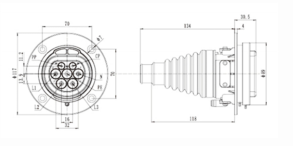 Noeifevo Type 2 stopcontact voor elektrische voertuigen, 16A/32A 1 fase/3 fase EV-laadcontactdoos