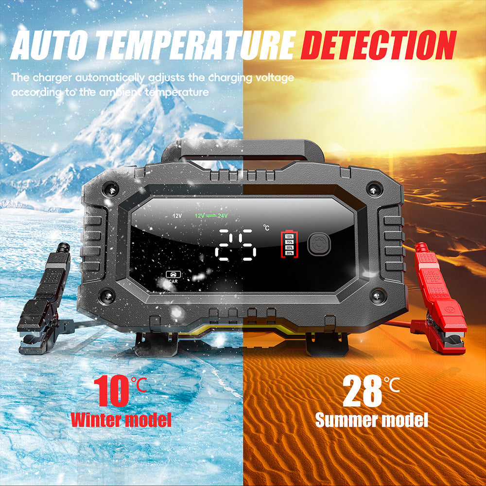 NOEIFEVO 10A Autobatterioplader, 12V 24V LiFePO4 oplader, batterilader, biloplader, intelligent batterilader med temperaturudligning til personbiler, lastbiler, motorcykler, plæneklippere.