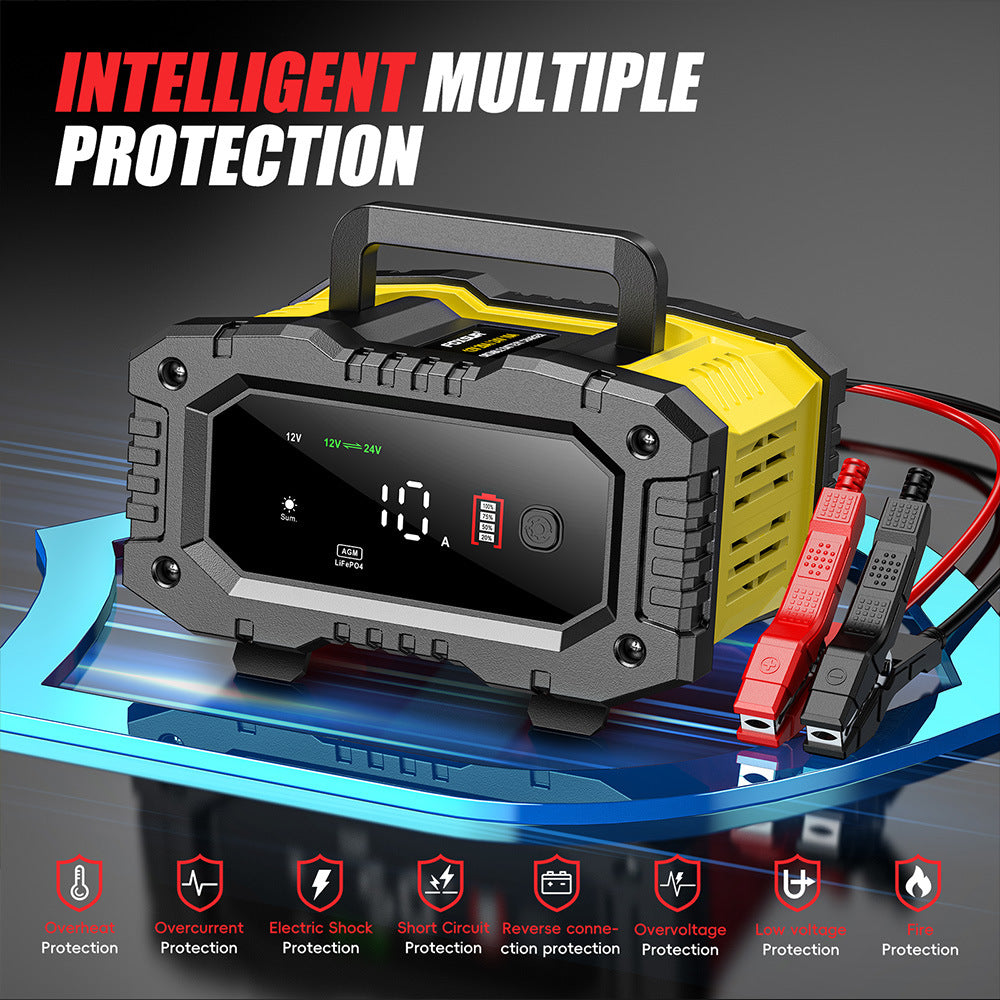 NOEIFEVO 10A Autobatterioplader, 12V 24V LiFePO4 oplader, batterilader, biloplader, intelligent batterilader med temperaturudligning til personbiler, lastbiler, motorcykler, plæneklippere.