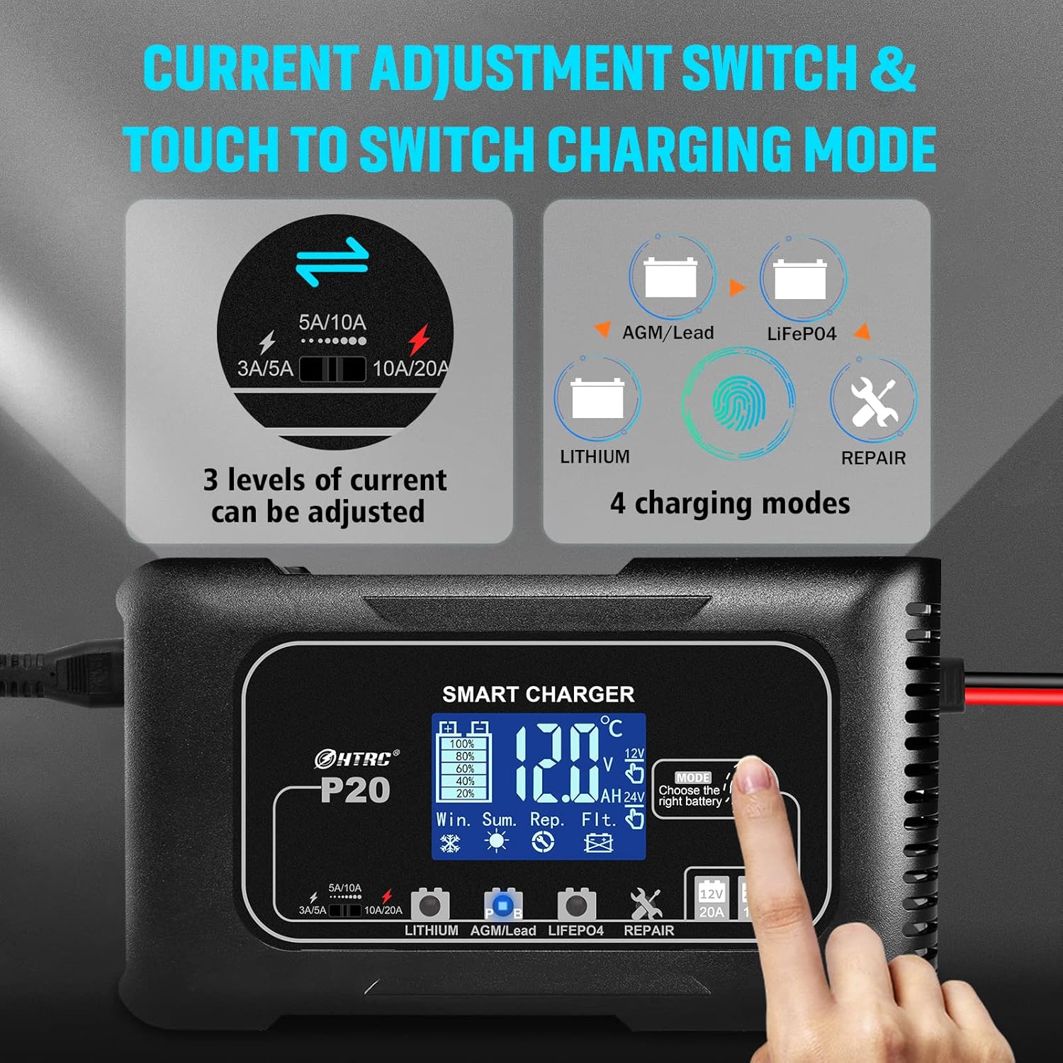  NOEIFEVO 12V 20A e 24V 10A Caricabatterie, caricabatteria intelligente per batterie al piombo LiFePO4 AGM, caricabatteria per auto e moto con modalità di ricondizionamento