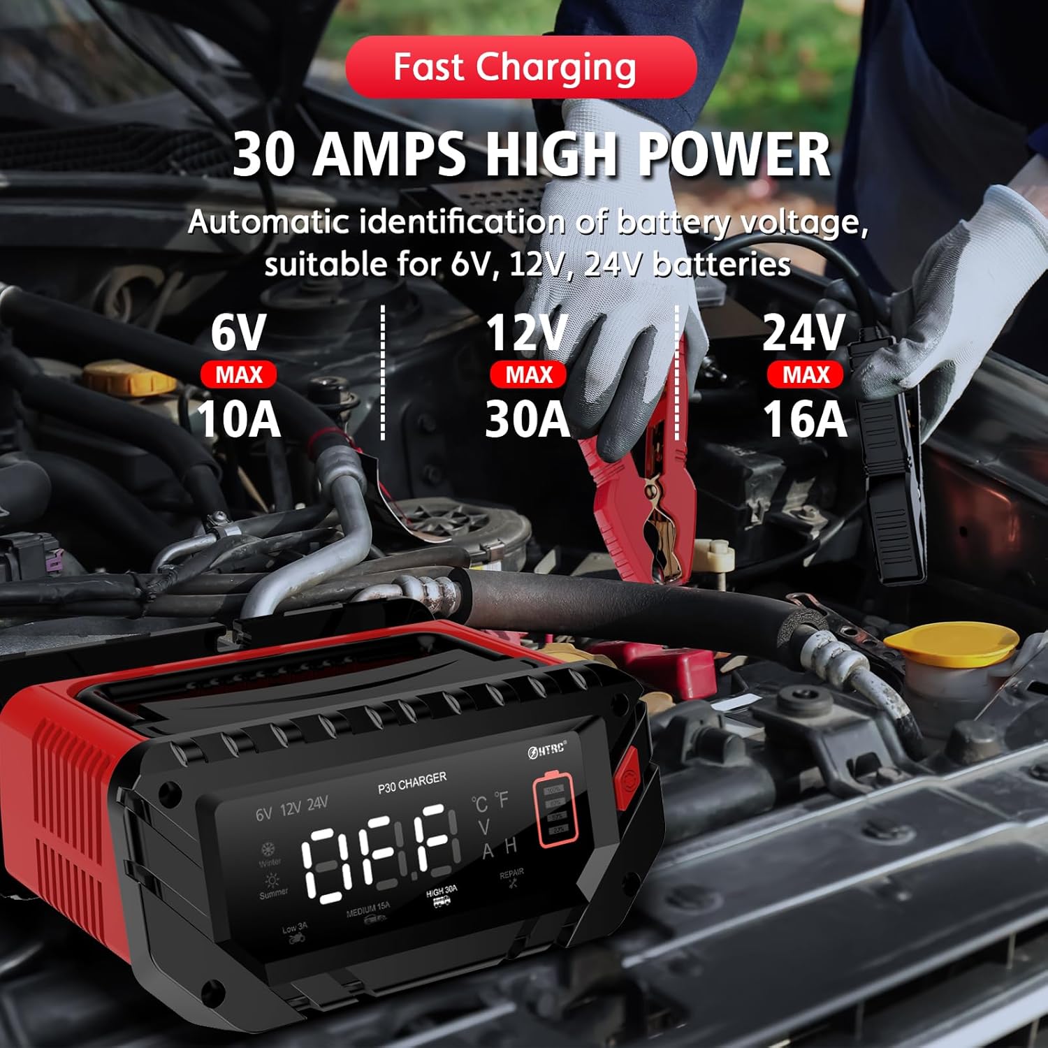 NOEIFEVO 6V 10A/12V 30A/24V 16A Inteligentná nabíjačka batérií pre autobatérie, motocykle, kosačky na trávu, člny, vhodná pre lítiové, LiFePO4 a olovené akumulátory (AGM, Gel, MF, EFB, SLA, VRLA, mokré)