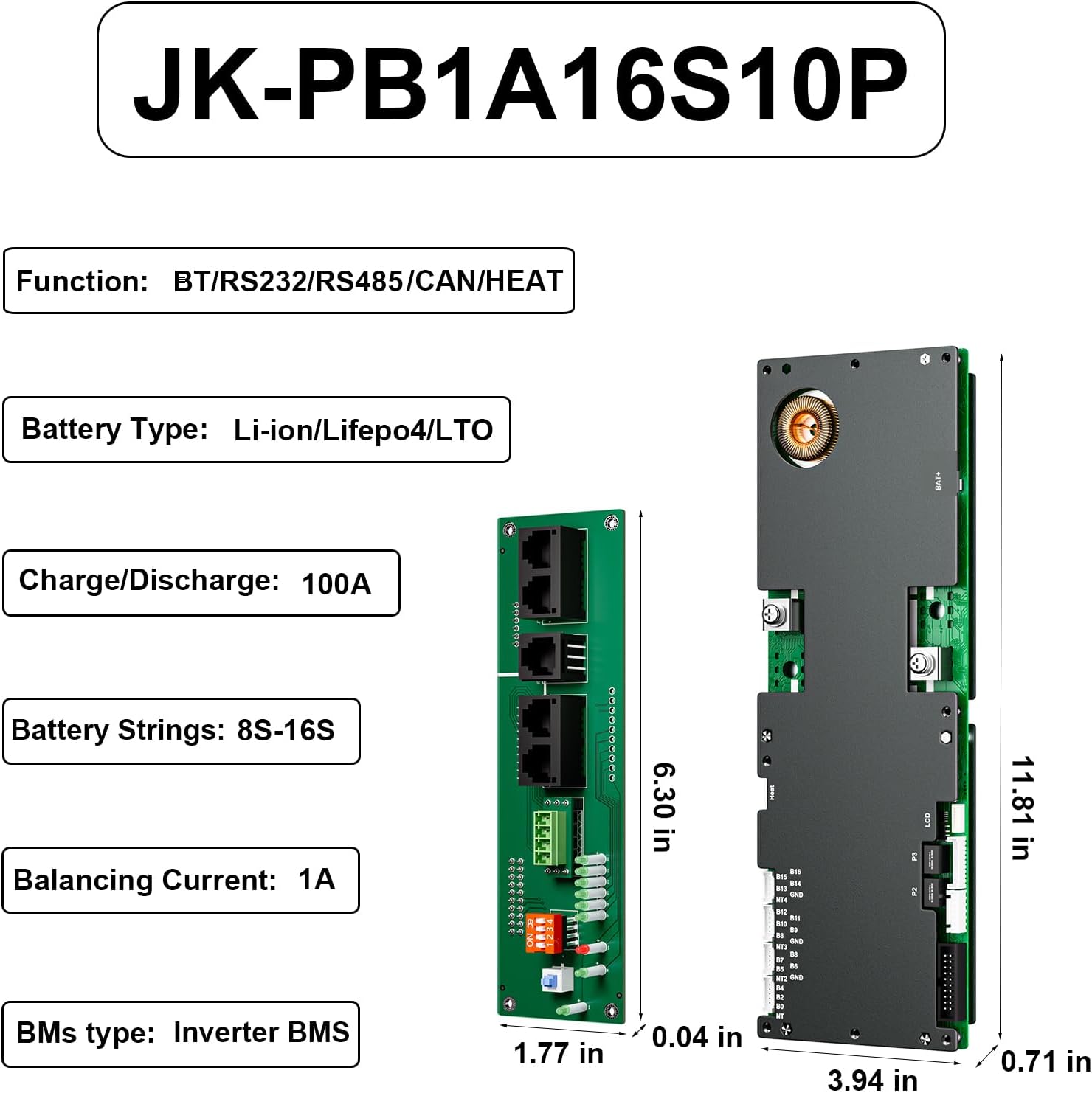 BMS 8S-16S 24V-48V 100A/150A Thuisenergieopslag BMS 1A/2A Actieve balans Geïntegreerde Bluetooth met RS485 CAN voor zonnestroomsysteem
