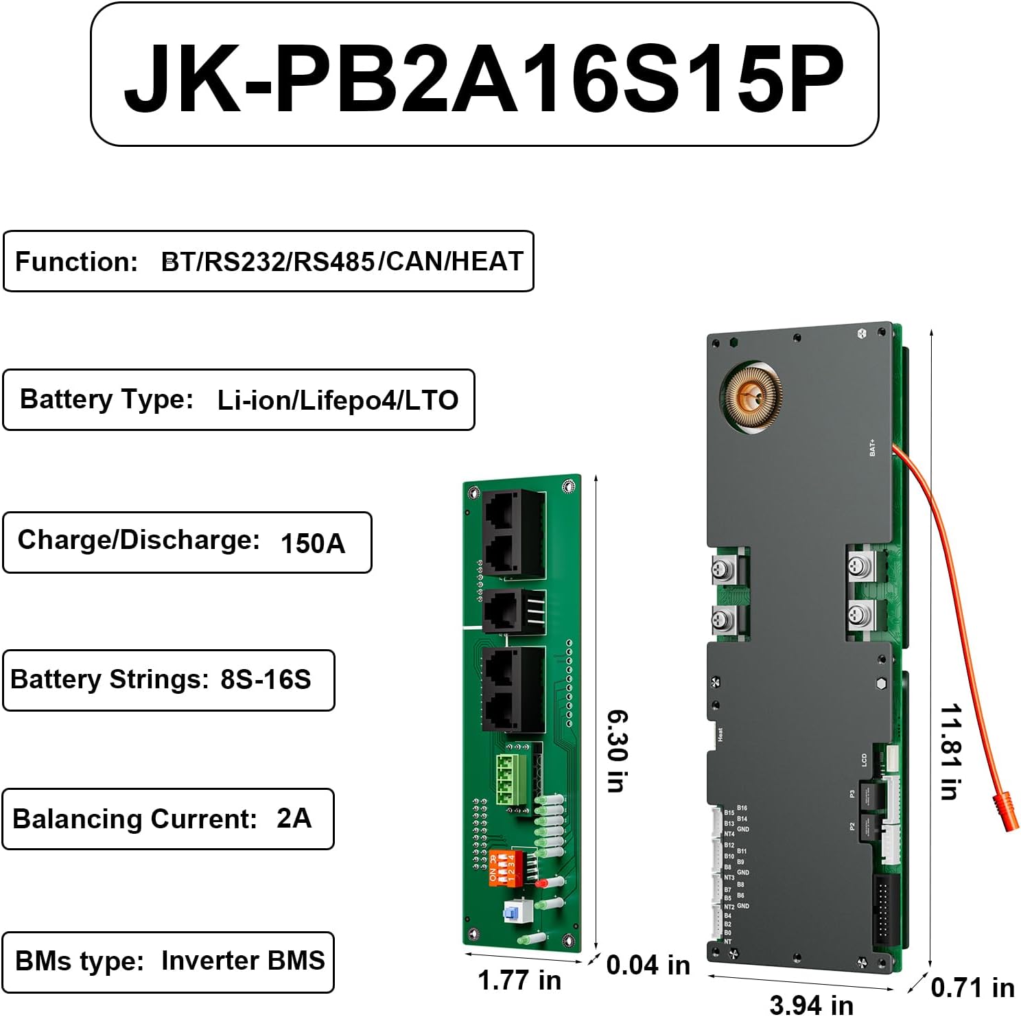 BMS 8S-16S 24V-48V 100A/150A Thuisenergieopslag BMS 1A/2A Actieve balans Geïntegreerde Bluetooth met RS485 CAN voor zonnestroomsysteem