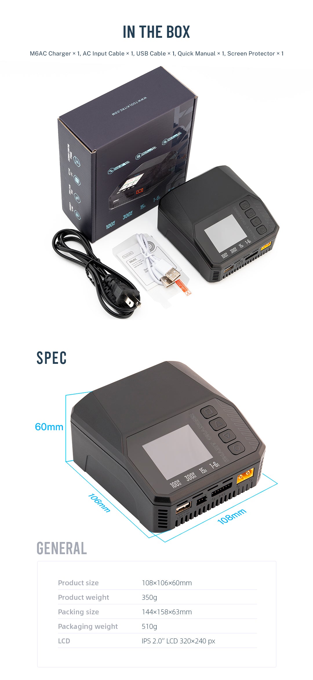 M6AC Dual-Channel Smart Charger, 100W AC/300W DC, 15A Balancer Charger voor LiPo, LiHV, LiFe, Lion, NiMh, Pb Batterijen, met 2,0'' IPS-LCD-Display