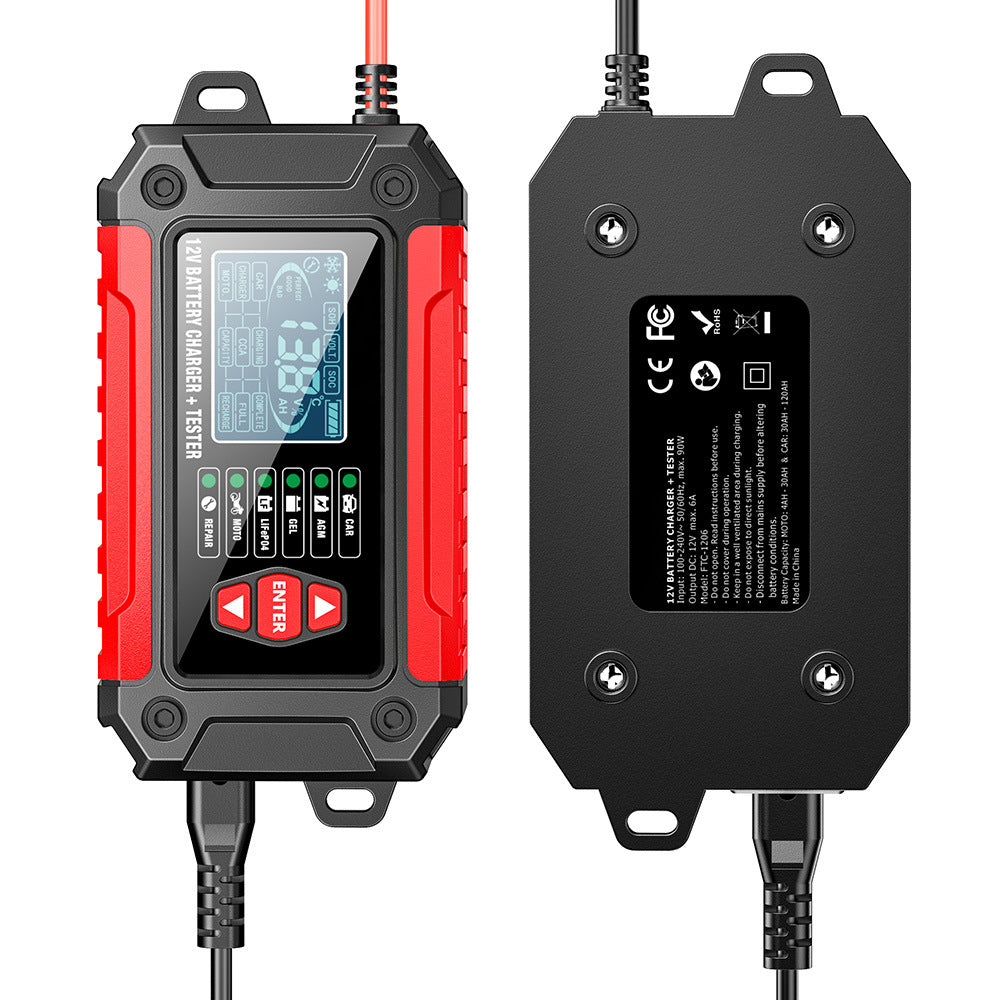 2-i-1 bilbatteriladdare och testare, 12V bly-syra AGM LiFePO4 batteriladdare, fordonsladdare, intelligent batteritestare för bilar, lastbilar, motorcyklar och gräsklippare