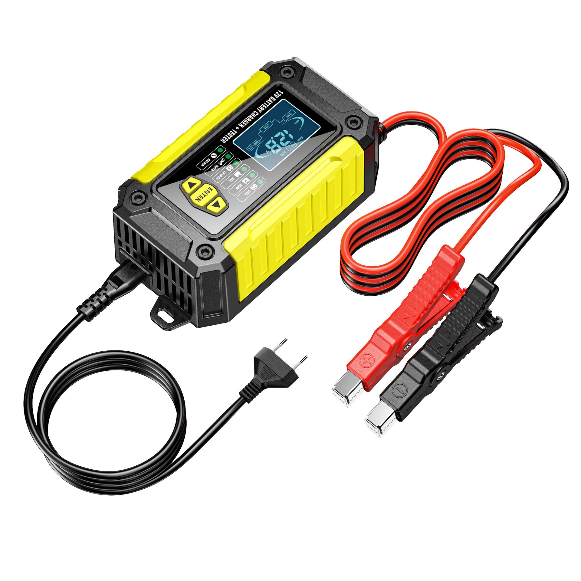 2-i-1 bilbatteriladdare och testare, 12V bly-syra AGM LiFePO4 batteriladdare, fordonsladdare, intelligent batteritestare för bilar, lastbilar, motorcyklar och gräsklippare