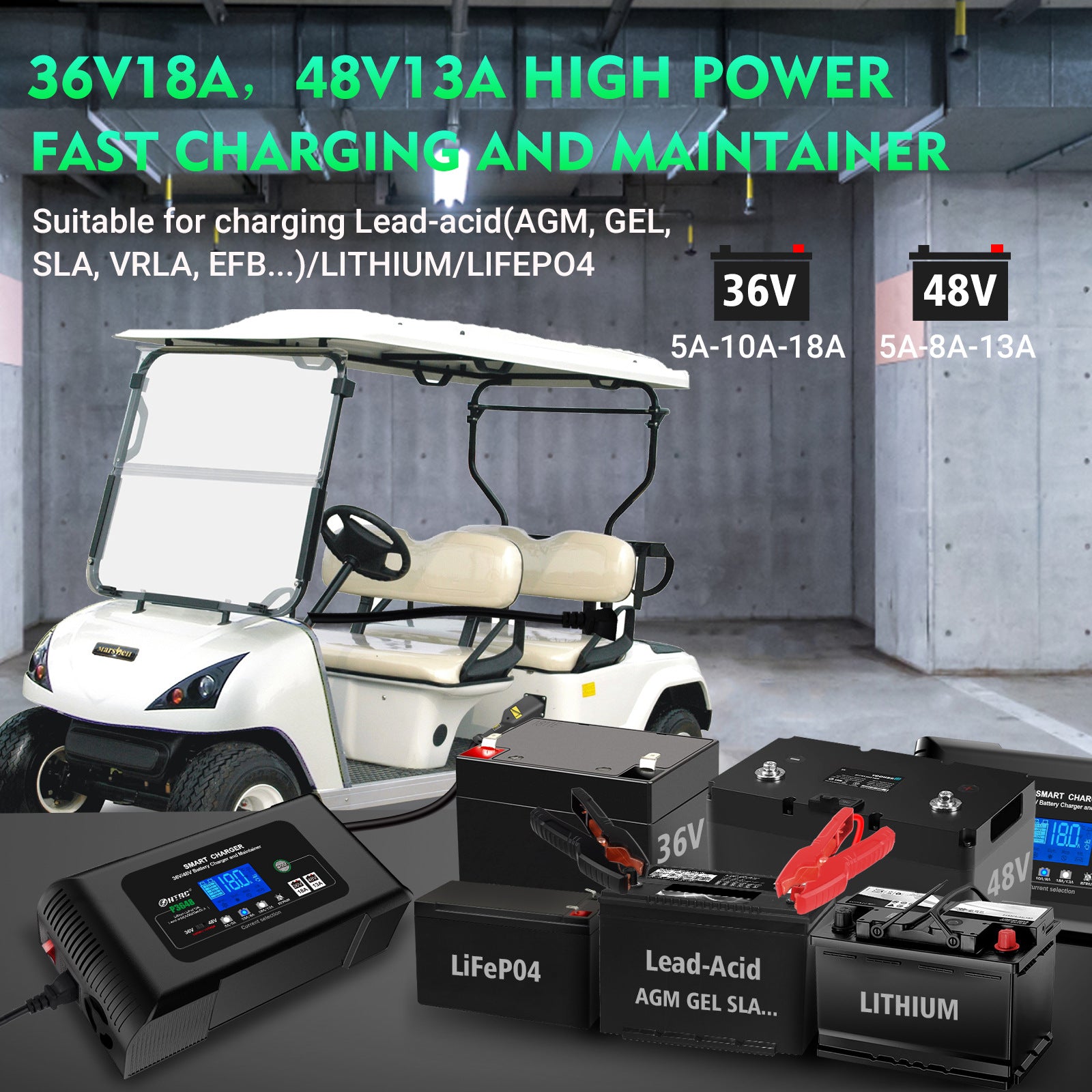 NOEIFEVO Ładowarka do Akumulatorów w Wózkach Golfowych 36V18A 48V13A dla EZ-GO RXV TXT Club Car Yamaha dla Akumulatorów Litowo-LiFePO4-Ołowiowo-Kwasowych