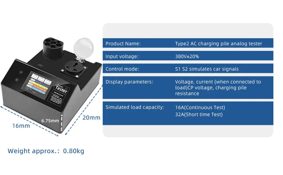 Type-2 EV-laadstation tester met LED-display – 32A kortstondige belasting, S1/S2 voertuigsignaal-simulatie, IP54, voor EU-standaard laadpunten