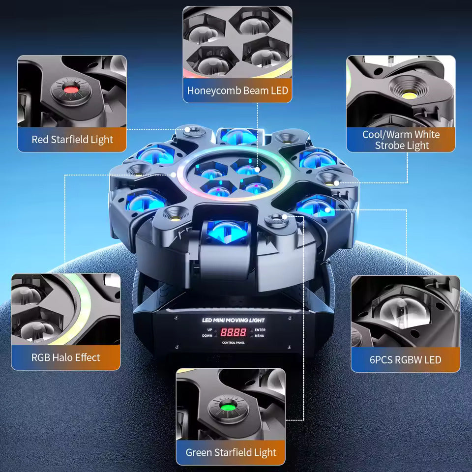 150W 6-armige RGBW beam moving head met halo-effect, podiumlicht, DMX512 honingraat-beam stroboscoop-effect, geschikt voor DJ-feesten, verjaardagsfeesten, professionele podiumverlichting, bar- en KTV-verlichting
