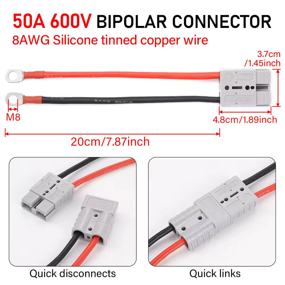 Connessione ad alta corrente 50A 600V, Anderson 50A a connessione rapida M8, cavo elettrico 8 AWG da 20 cm per batteria LiFePO4, carrello da golf, carrello elevatore