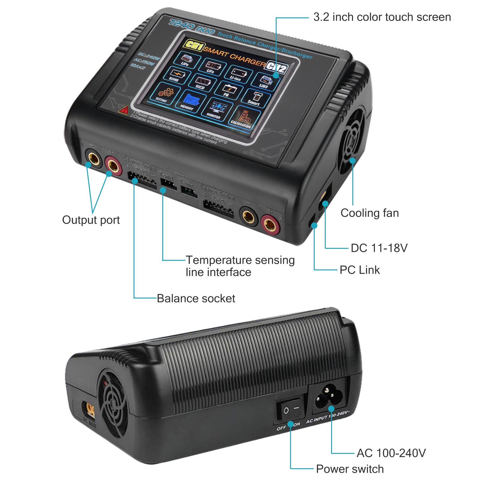 NOEIFEVO T240 RC-laturi Kaksikanavainen AC 150W DC 240W NiMH-, NiCd-, LiHV-, Li-ion-, Lipo-, PB-akuille