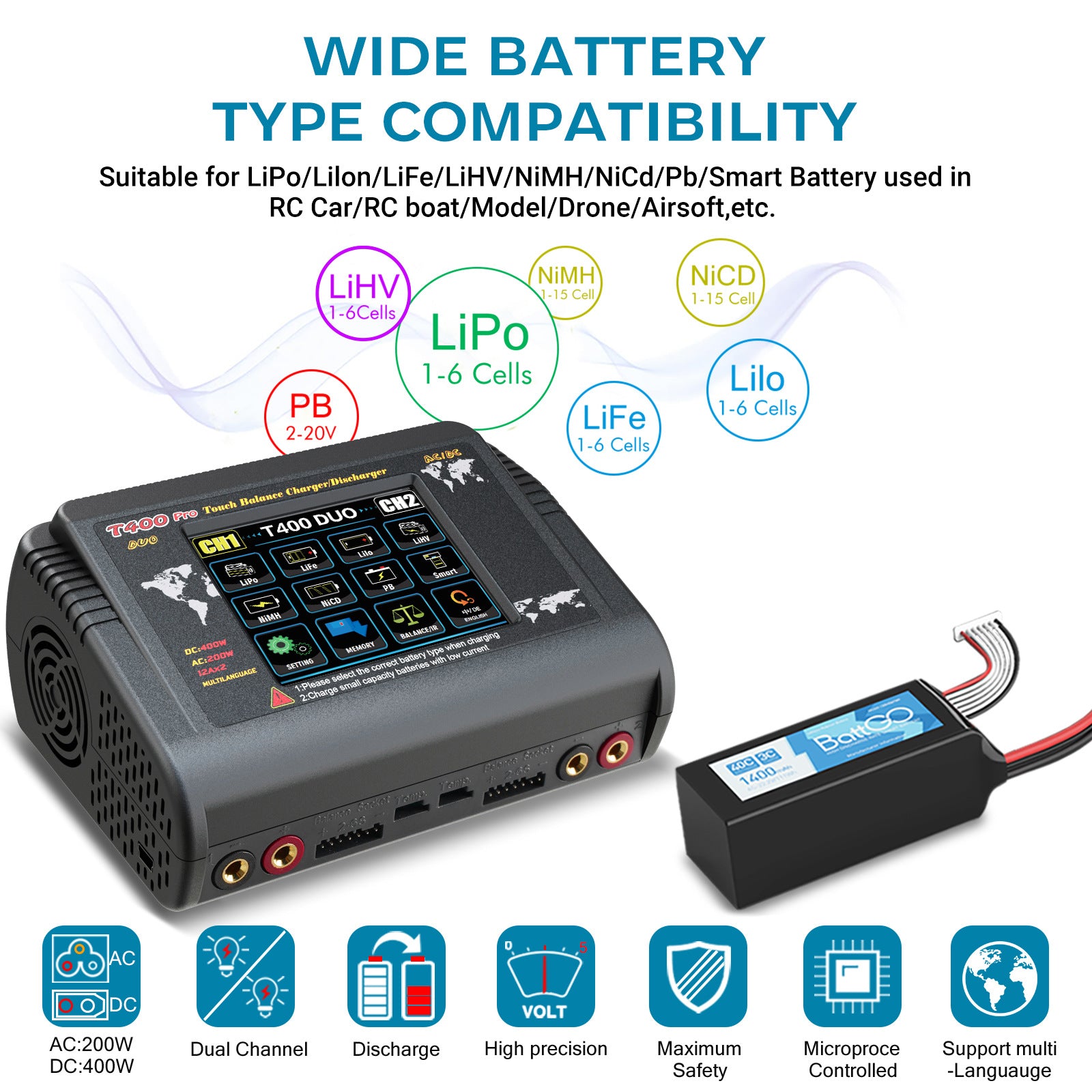 NOEIFEVO T400 Pro RC Ładowarka Rozładowarka Dual Channel DC 400W AC 200W 12A dla akumulatorów LiHV LiFe Li-ion NiCd NiMh Pb LiPo