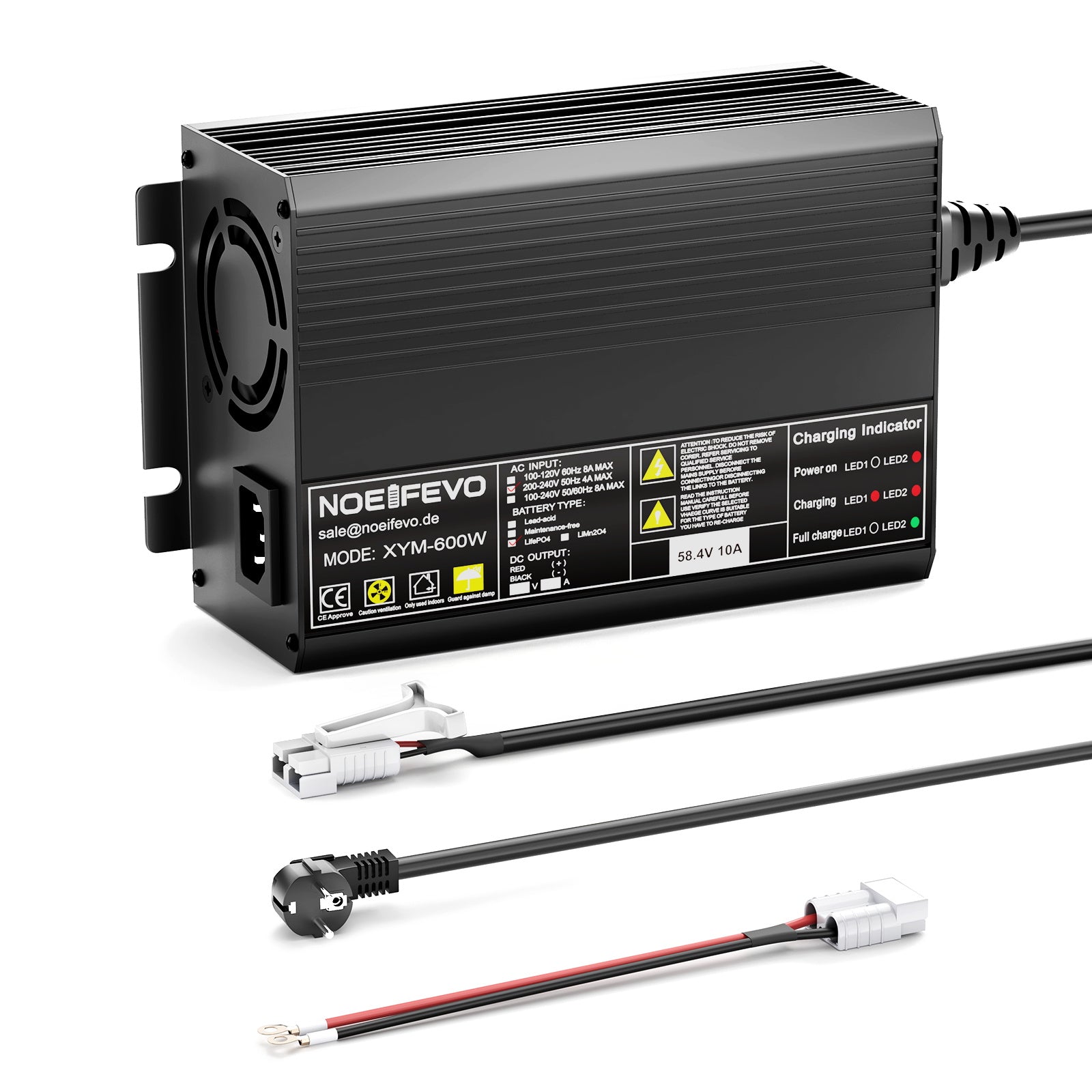 NOEIFEVO 58.4V 10A LiFePO4 batterioplader til 51.2V(48V) 16S lithiumbatteri til golfvogne, autocampere og elektriske fiskemotorer