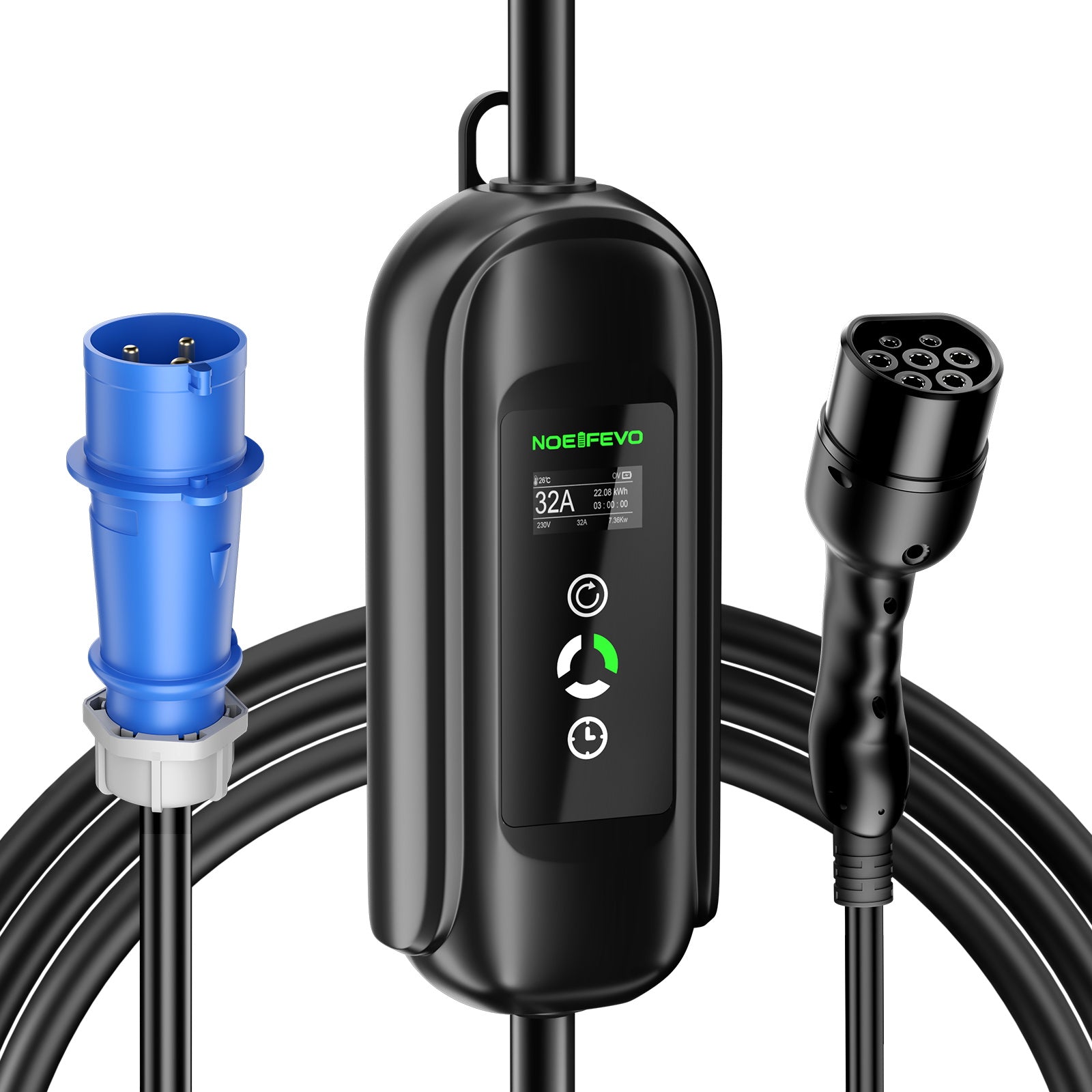 NOEIFEVO 7.2KW EV-Ladekabel, Typ 2 32A 1 Phase EV-Ladegerät, Mobile EVSE-Ladestation mit CEE Blue Stecker