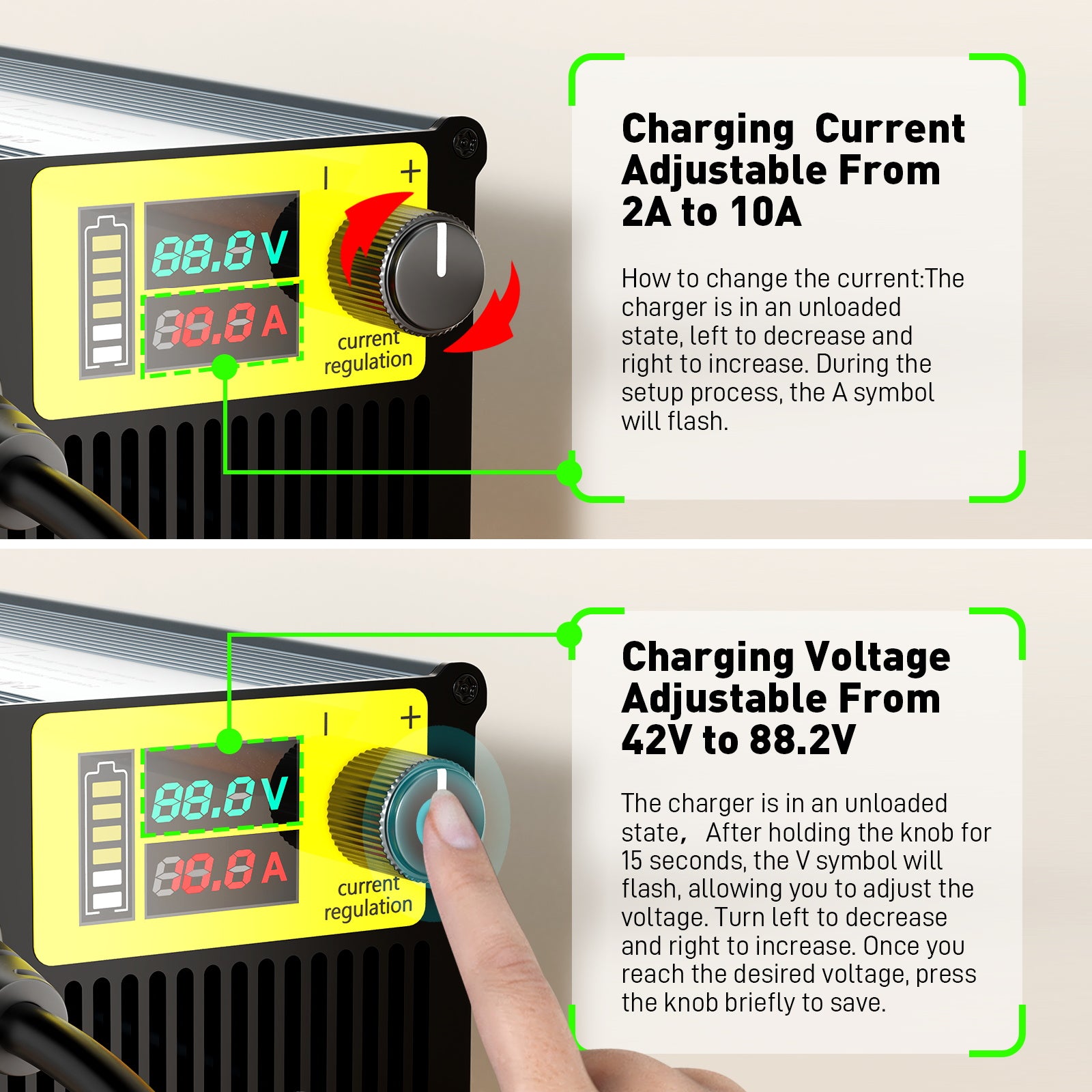 NOEIFEVO 10A Stroom 42V-88,2V Spanning Instelbaar Li-Ion LiFePO4 Lithium-Lader Voor 36V 48V 60V 72V 84V Batterij