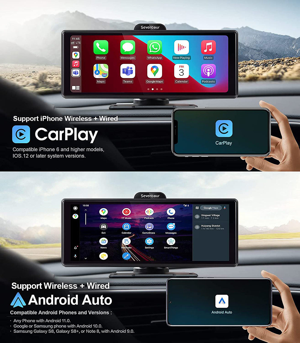 NOEIFEVO C200 10,26 inch CarPlay-scherm, Draagbare autoradio compatibel met Apple CarPlay & Android Auto, IPS touchscreen, 4K dashcam, 1080P achteruitrijcamera, Siri, GPS-navigatie, Bluetooth, MirrorLink, FM