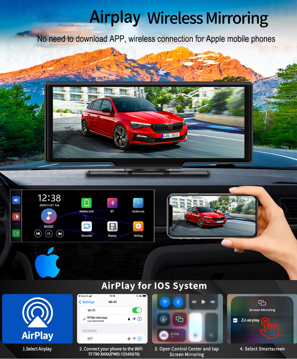 NOEIFEVO C200 10,26 inch CarPlay-scherm, Draagbare autoradio compatibel met Apple CarPlay & Android Auto, IPS touchscreen, 4K dashcam, 1080P achteruitrijcamera, Siri, GPS-navigatie, Bluetooth, MirrorLink, FM