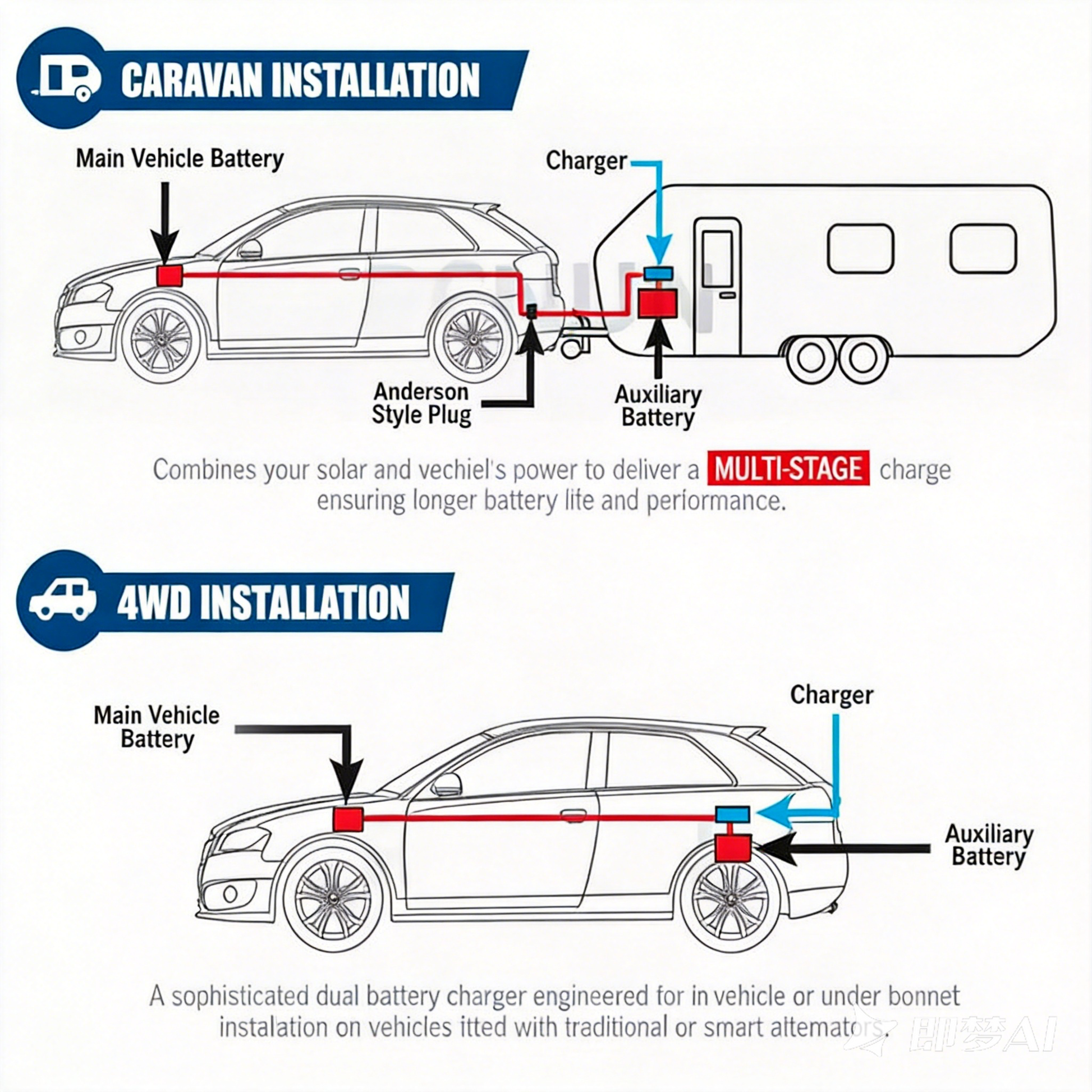 NOEIFEVO Vanntett DC 10-36V til 14,6V 29,2V 43,8V LiFePO4-litiumbatterilader for bobiler, båter, biler og doble batteri-energilagringssystemer