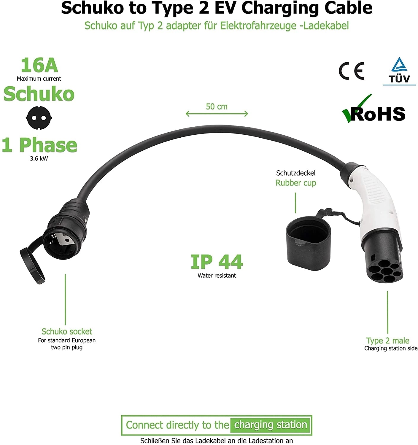 Single-phase charging cable with SchuKo and Type 2 connector