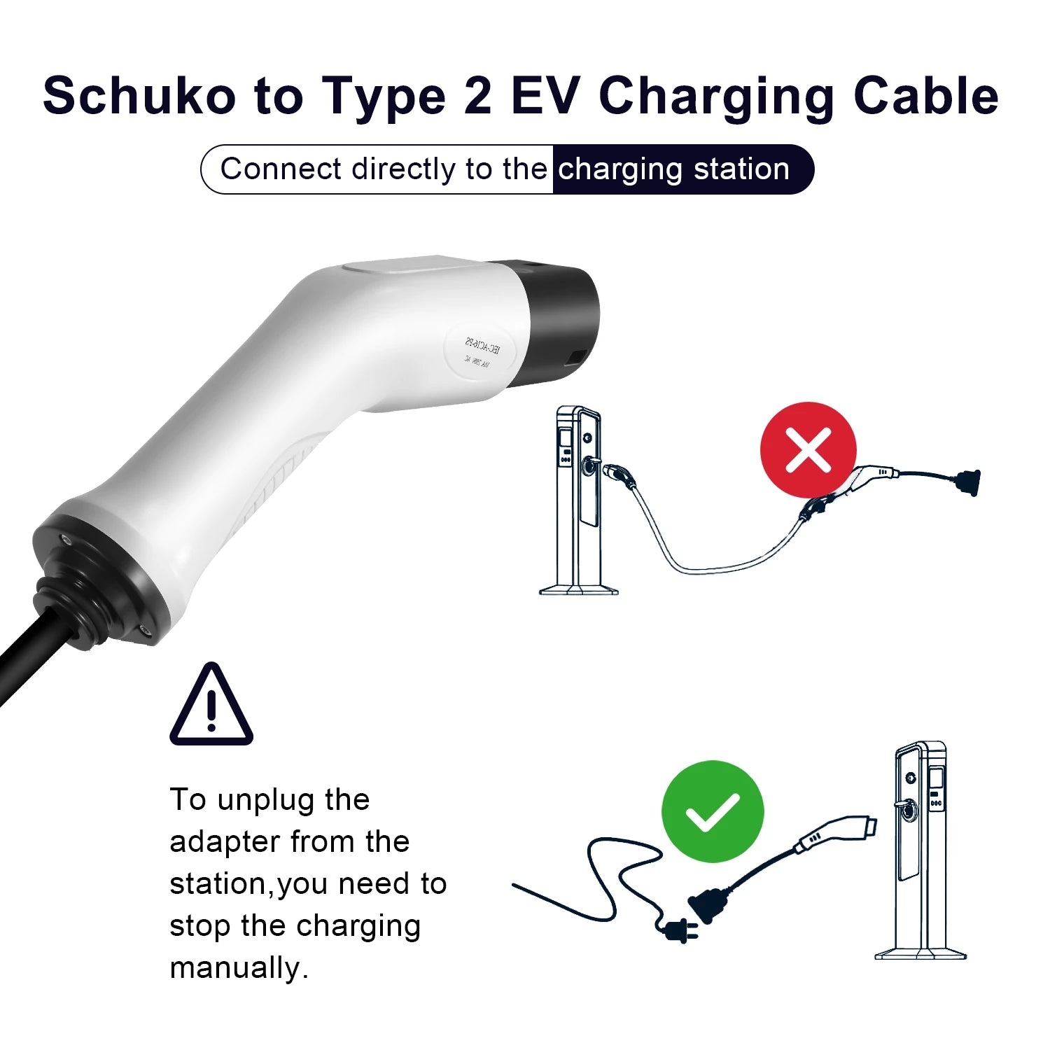 Adaptador tipo 2 para Schuko, ficha de carregamento tipo 2 de 16A 1 fase para tomada doméstica europeia